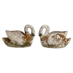Vintage Midcentury French Pair of Concrete Swan Planters