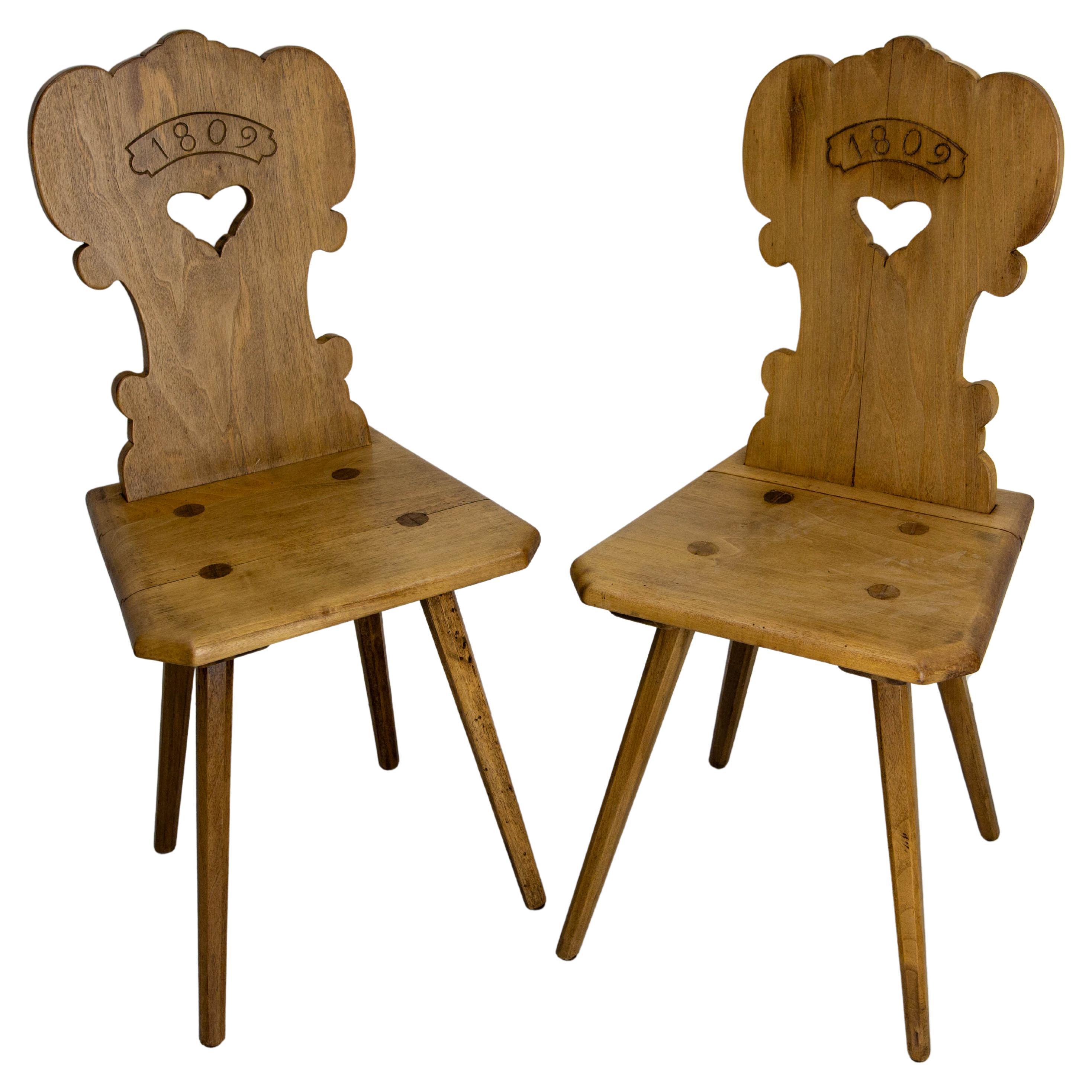 French Pair of Side Poplar Chairs Swiss Alp Style 19th Century