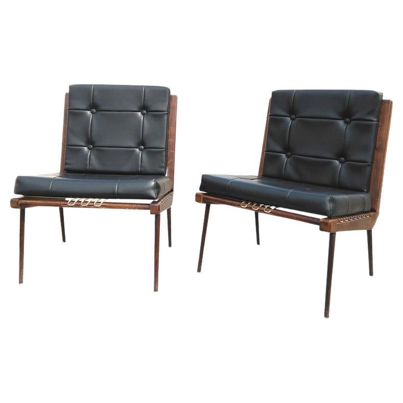 Midcentury French Pair of Teak and Moleskin Lounge Chairs by Georges Tigien For Sale