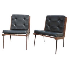 Vintage Midcentury French Pair of Teak and Moleskin Lounge Chairs by Georges Tigien