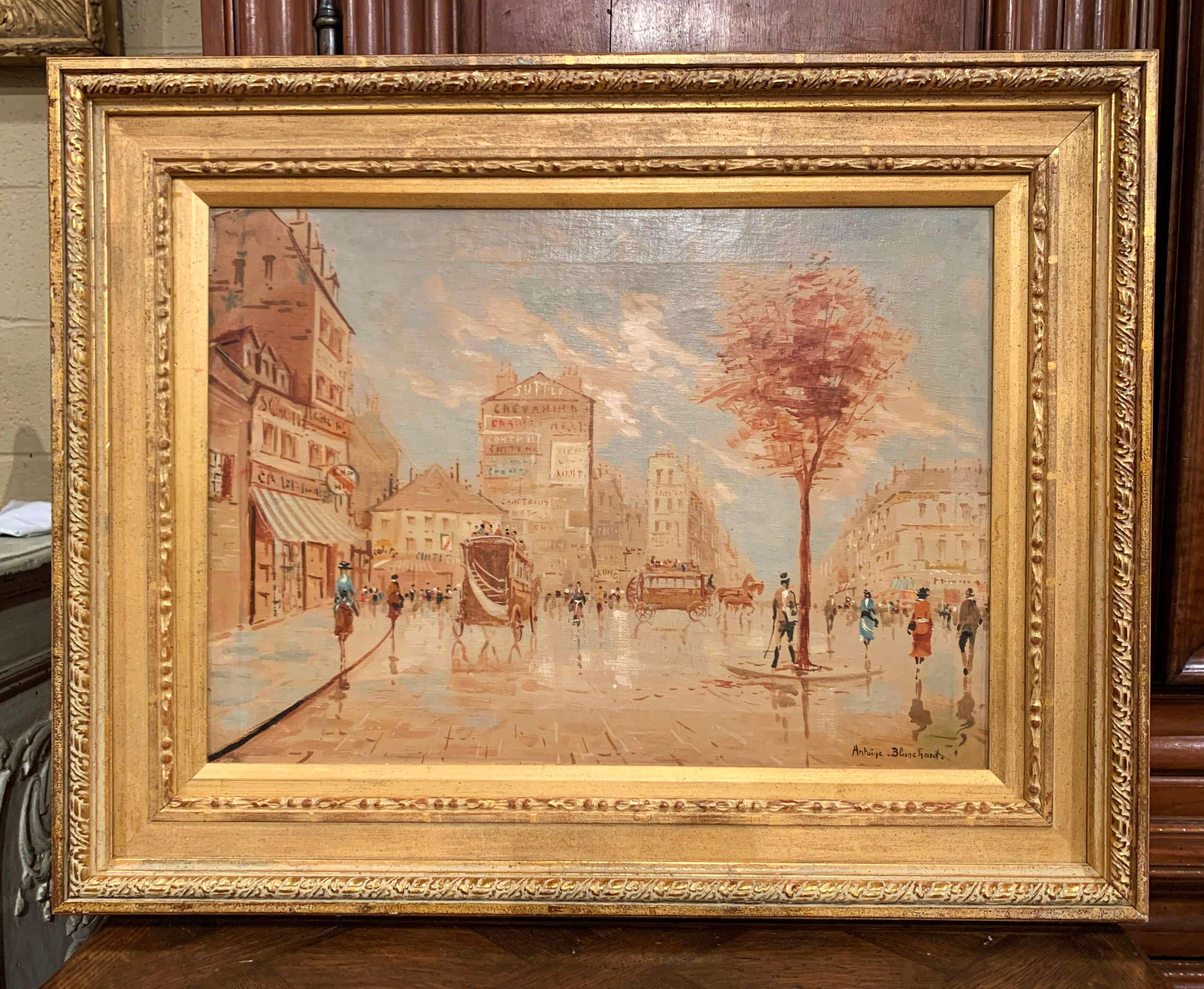 Tableau de scène parisienne du milieu du siècle dernier dans un cadre doré signé A. Blanchard Excellent état - En vente à Dallas, TX
