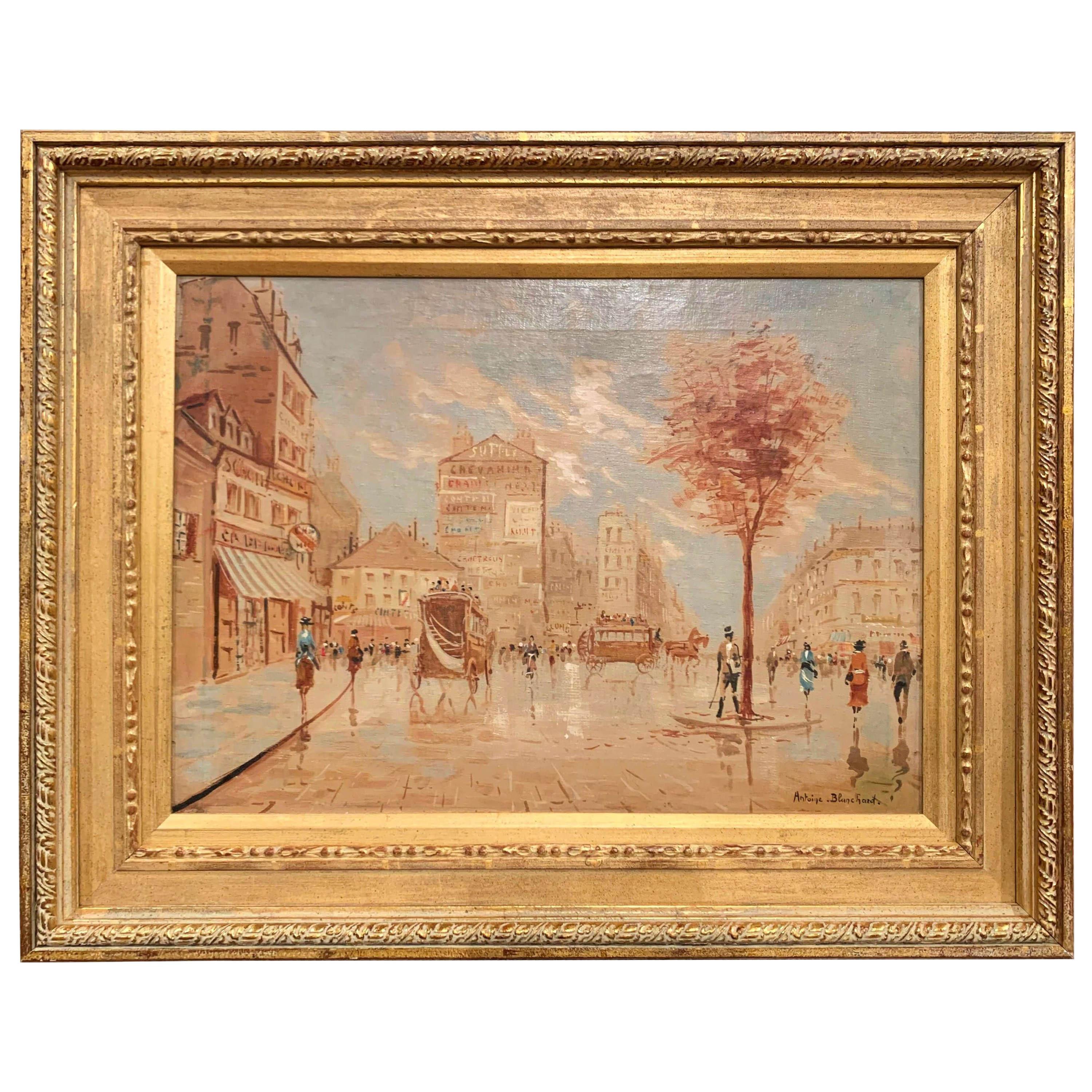 Midcentury French Parisian Scene Oil Painting in Gilt Frame Signed A. Blanchard For Sale