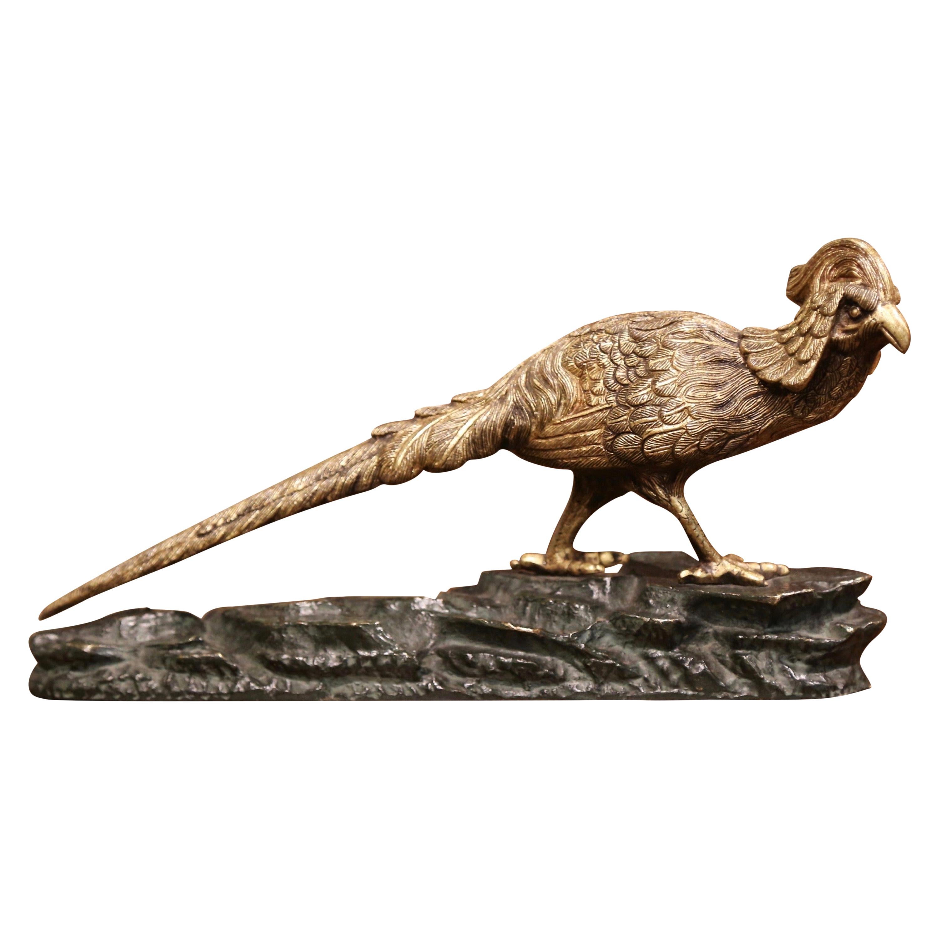 Midcentury French Patinated Bronze Pheasant Sculpture on Rocky Base