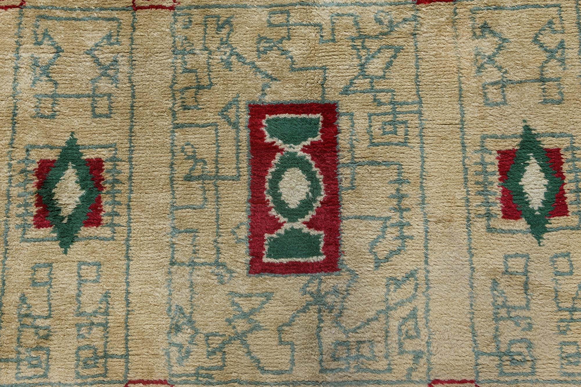 Art Deco Mid-20th century French Paule Leleu Beige, Green, Burgundy Hand Knotted Wool Rug