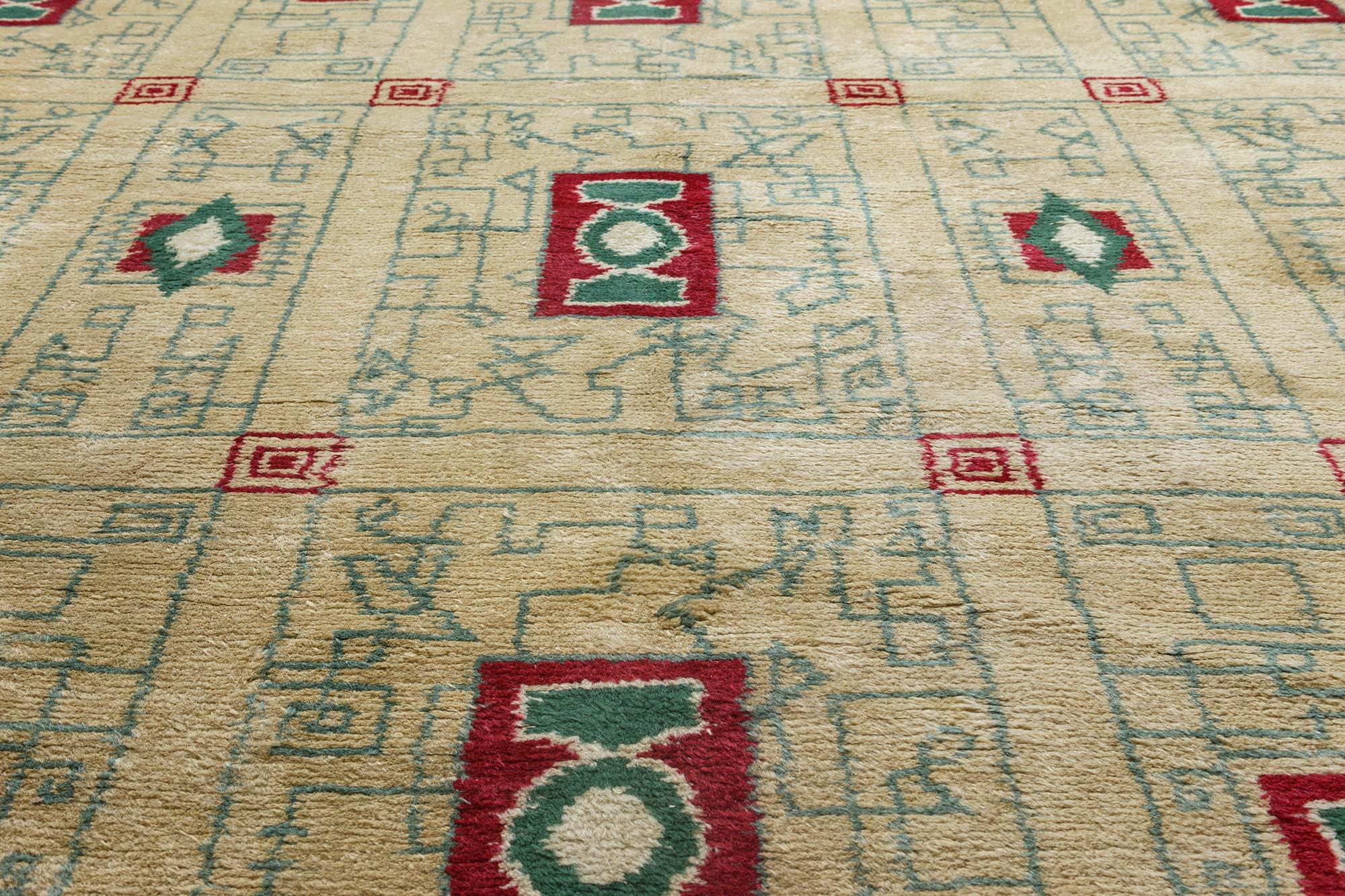 Hand-Knotted Mid-20th century French Paule Leleu Beige, Green, Burgundy Hand Knotted Wool Rug