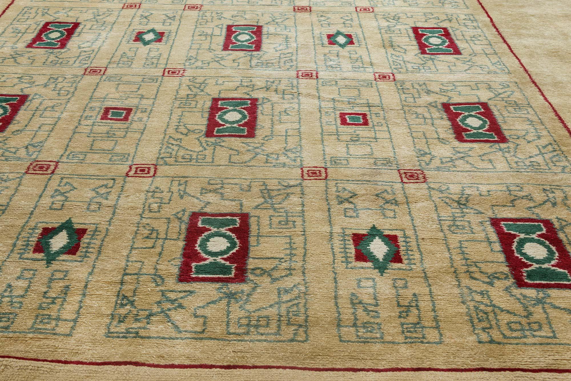 Mid-20th century French Paule Leleu Beige, Green, Burgundy Hand Knotted Wool Rug In Good Condition In New York, NY