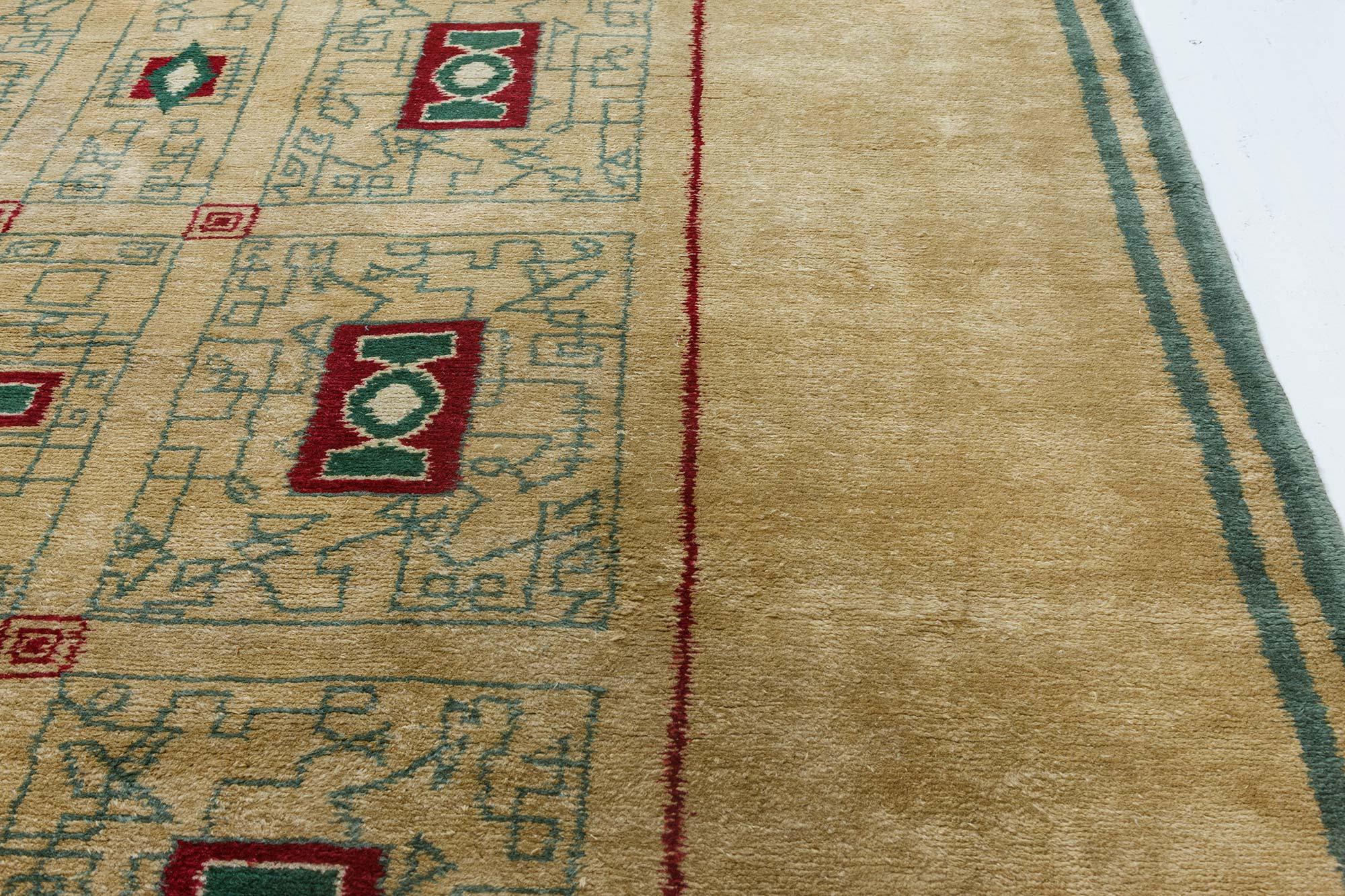 20th Century Mid-20th century French Paule Leleu Beige, Green, Burgundy Hand Knotted Wool Rug