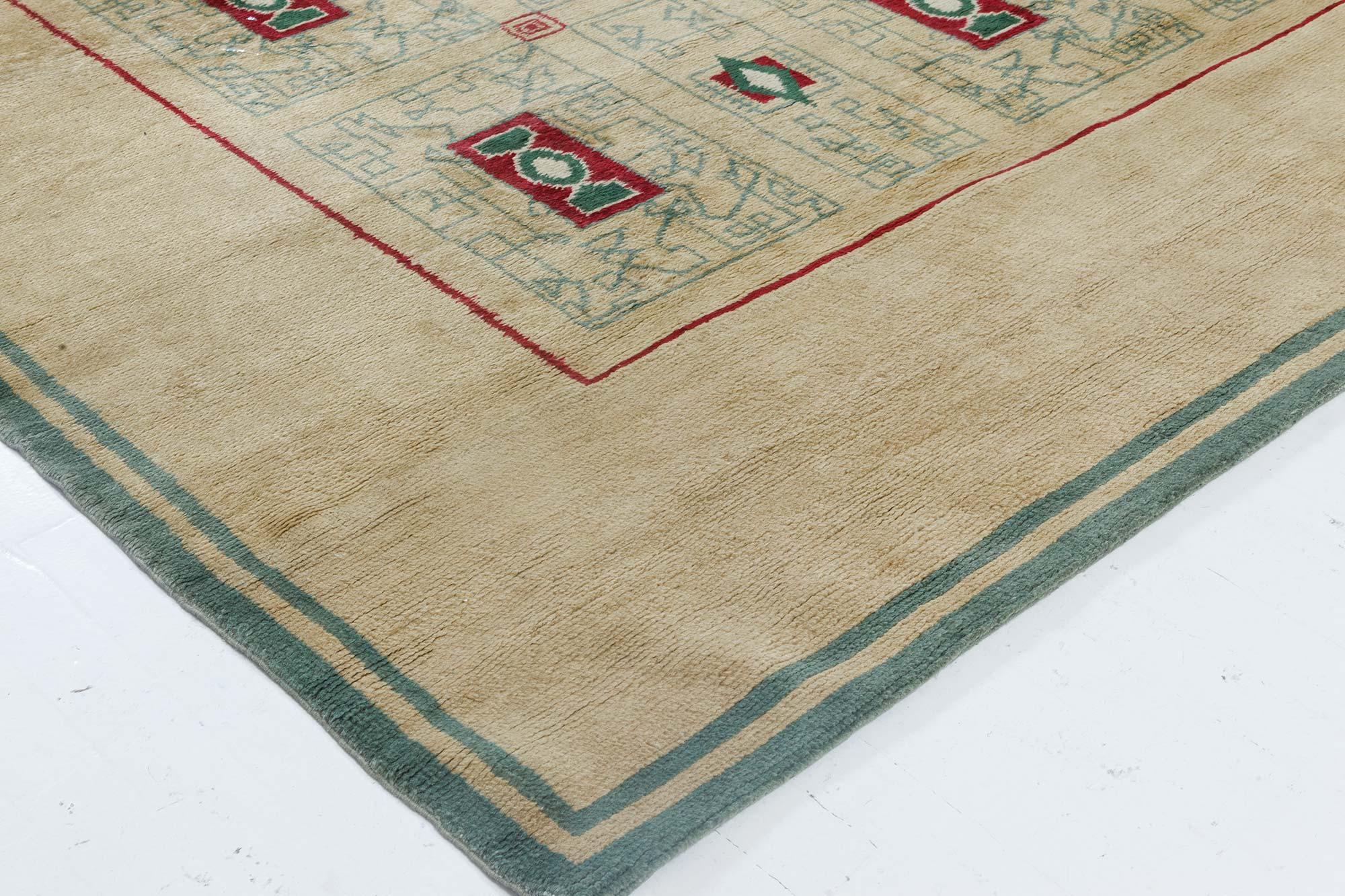 Mid-20th century French Paule Leleu Beige, Green, Burgundy Hand Knotted Wool Rug 1