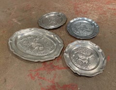Midcentury French Pewter Decorative Wall Platters with Hunt Motifs, Set of Four