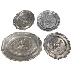 Midcentury French Pewter Decorative Wall Platters with Hunt Motifs, Set of Four