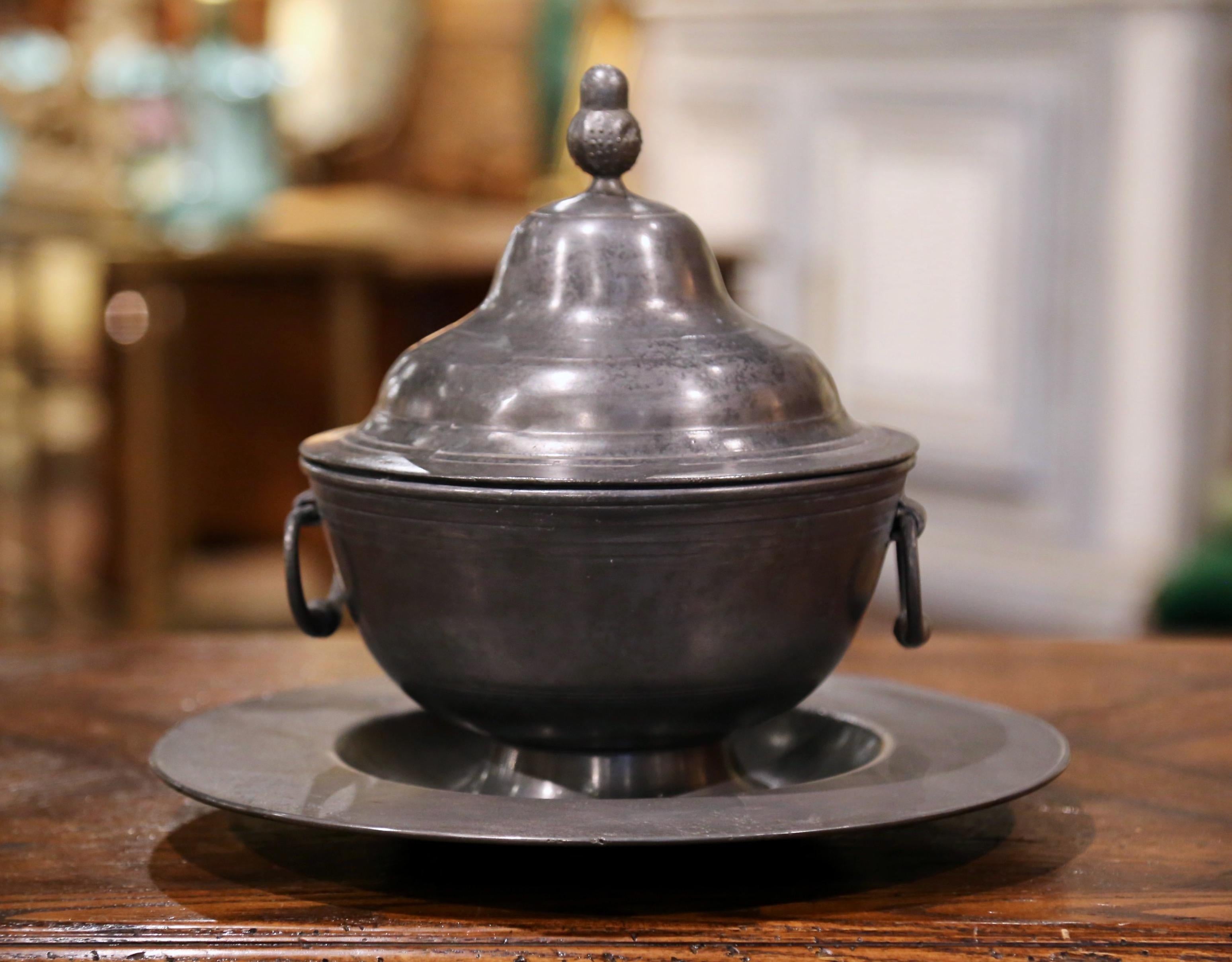 Hand-Crafted Midcentury French Pewter Platter and Tureen Covered Dish Centerpiece