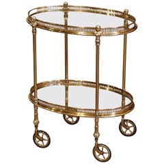 Antique Midcentury French Polished Brass Dessert Table or Bar Cart on Rubber Wheels