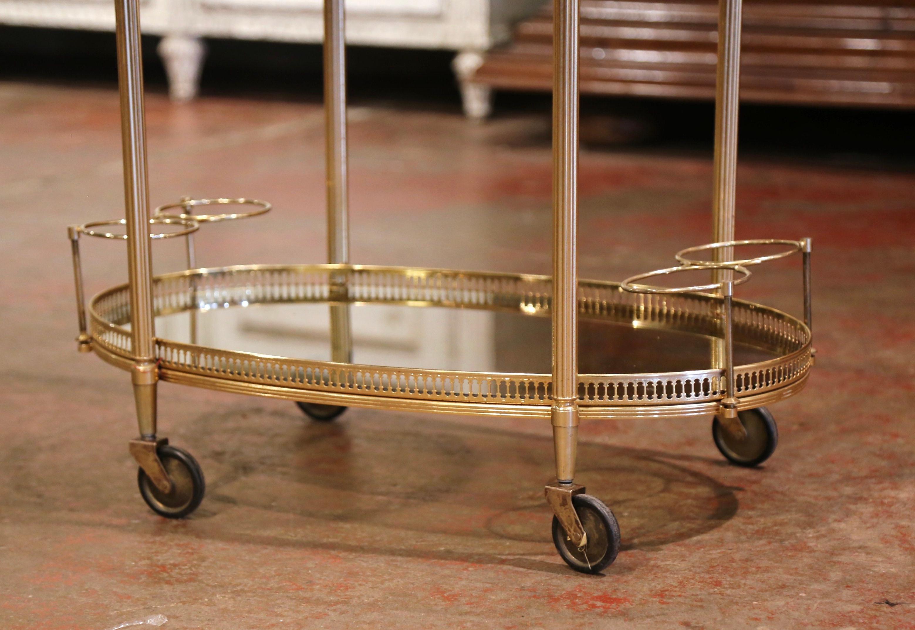 Midcentury French Polished Brass Dessert Table or Bar Cart on Wheels In Excellent Condition In Dallas, TX