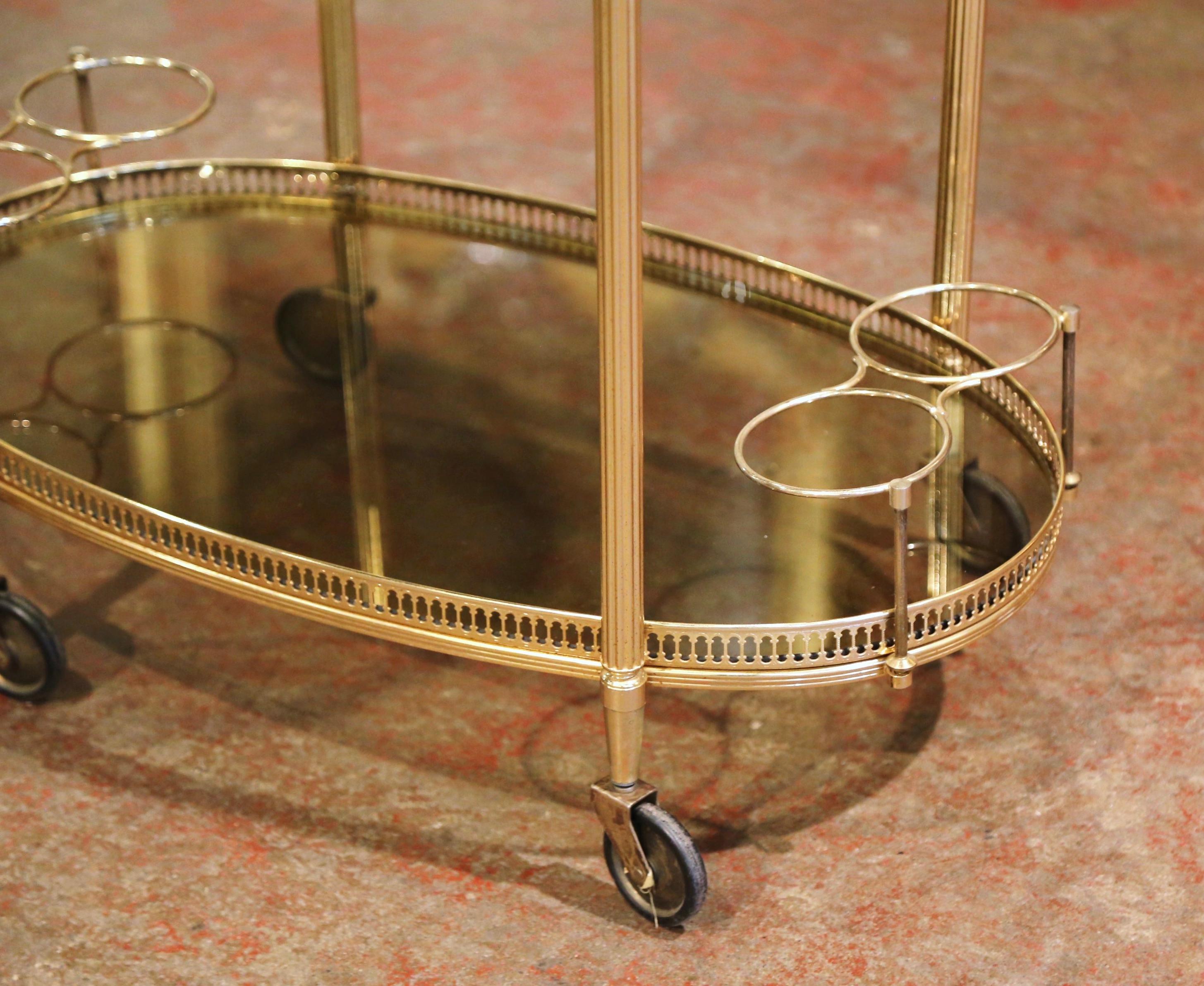 20th Century Midcentury French Polished Brass Dessert Table or Bar Cart on Wheels