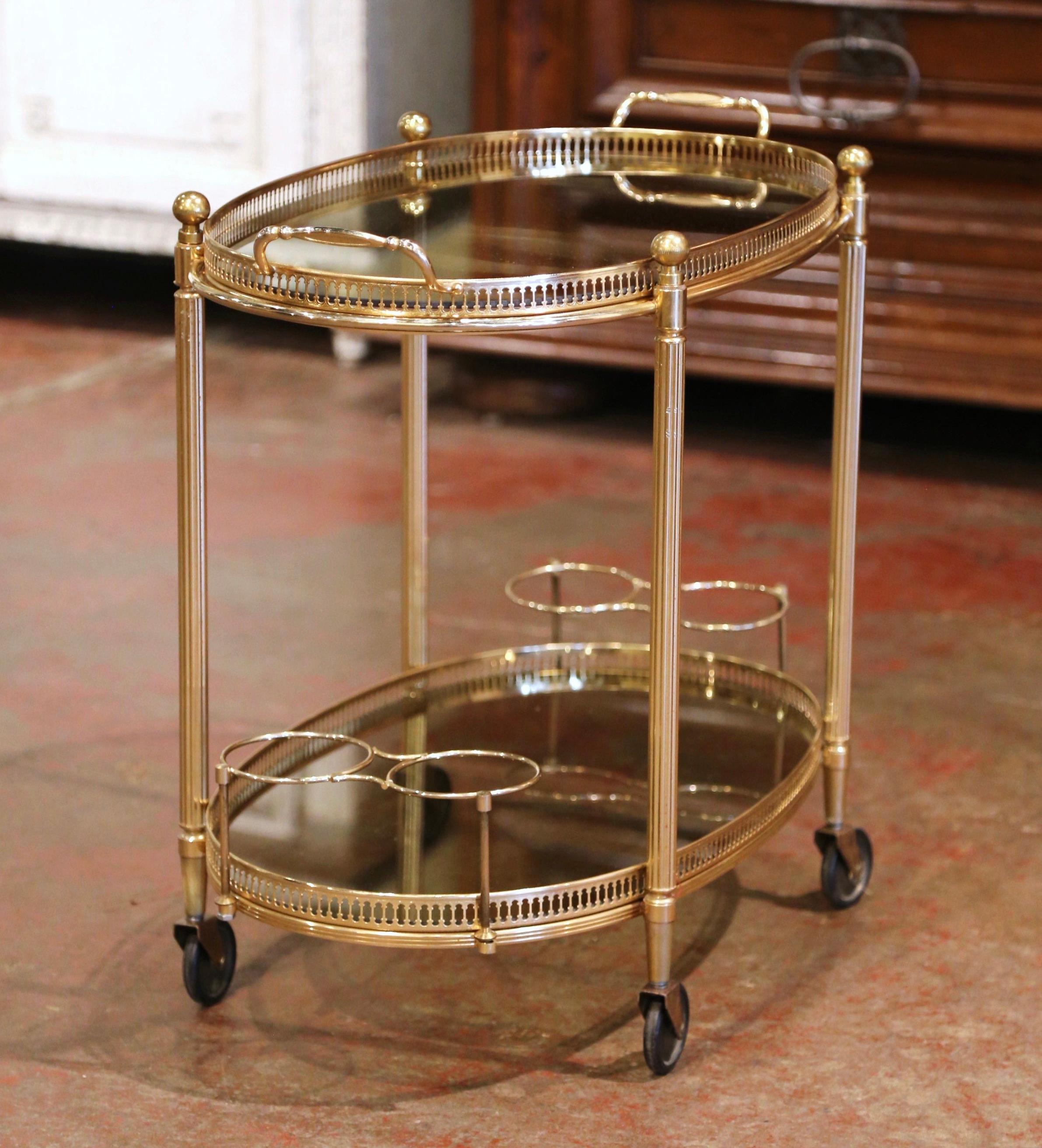 Midcentury French Polished Brass Dessert Table or Bar Cart on Wheels 1