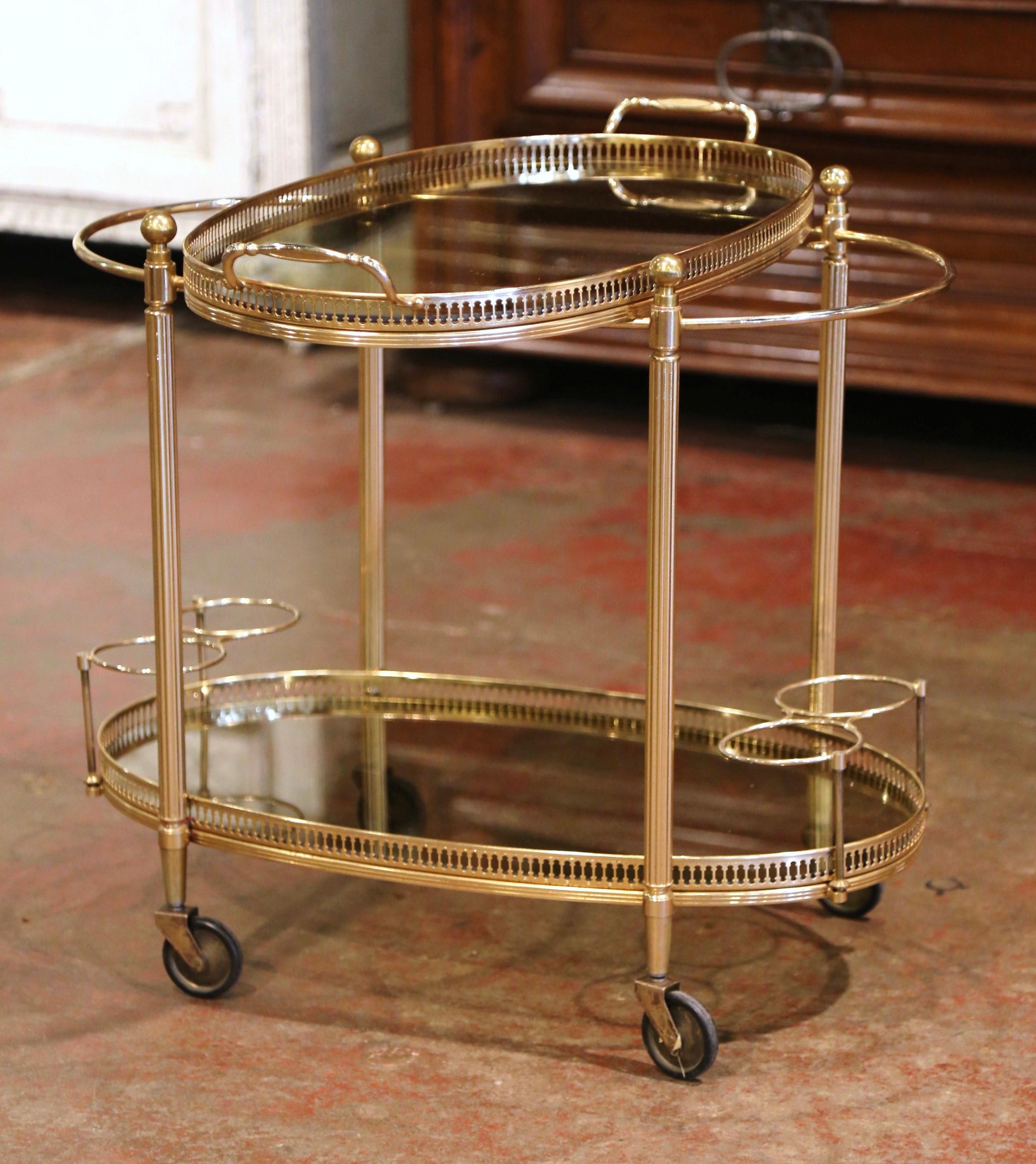 Midcentury French Polished Brass Dessert Table or Bar Cart on Wheels 2