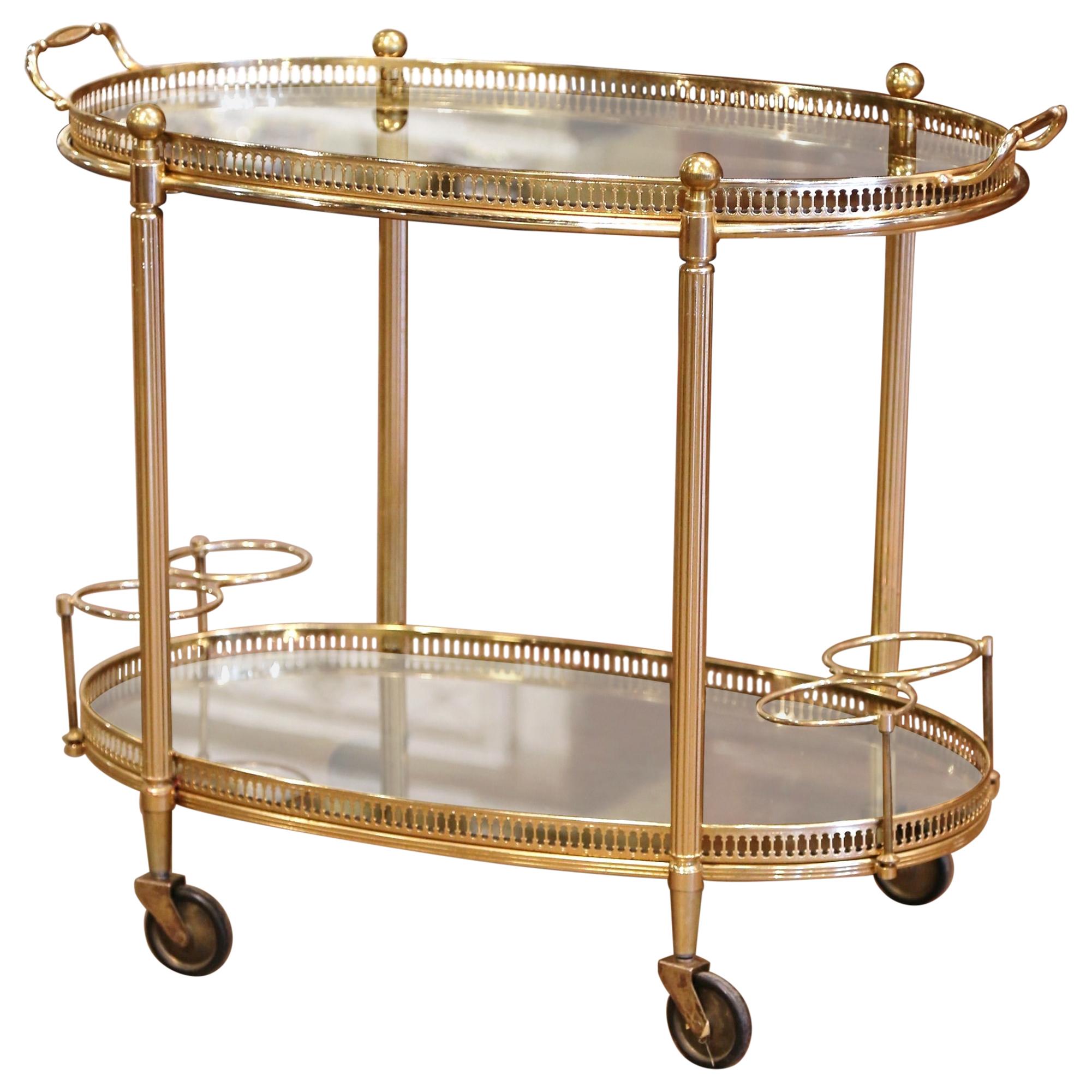 Midcentury French Polished Brass Dessert Table or Bar Cart on Wheels