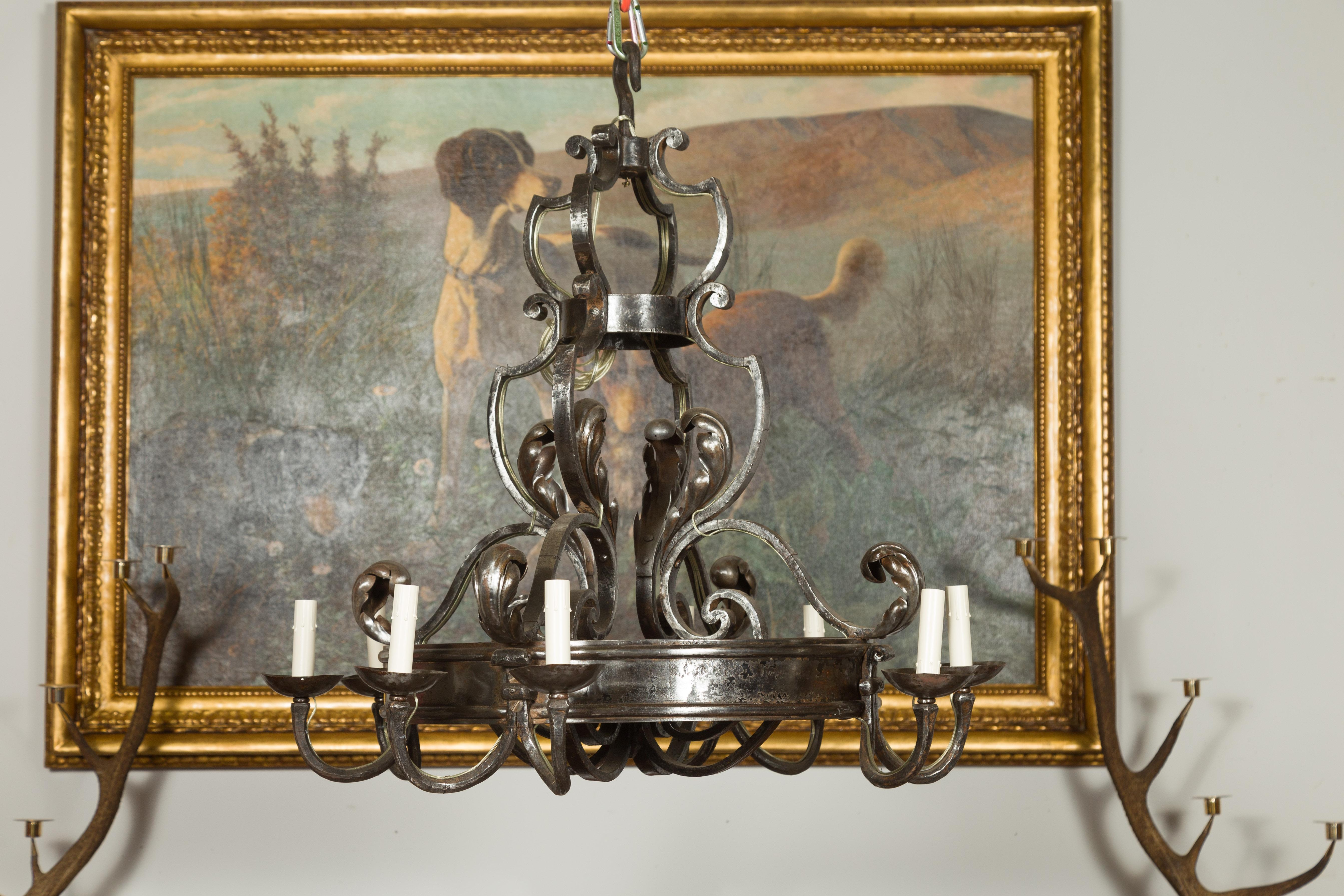 Midcentury French Polished Steel Eight Light Acanthus Leaves Ring Chandelier For Sale 3