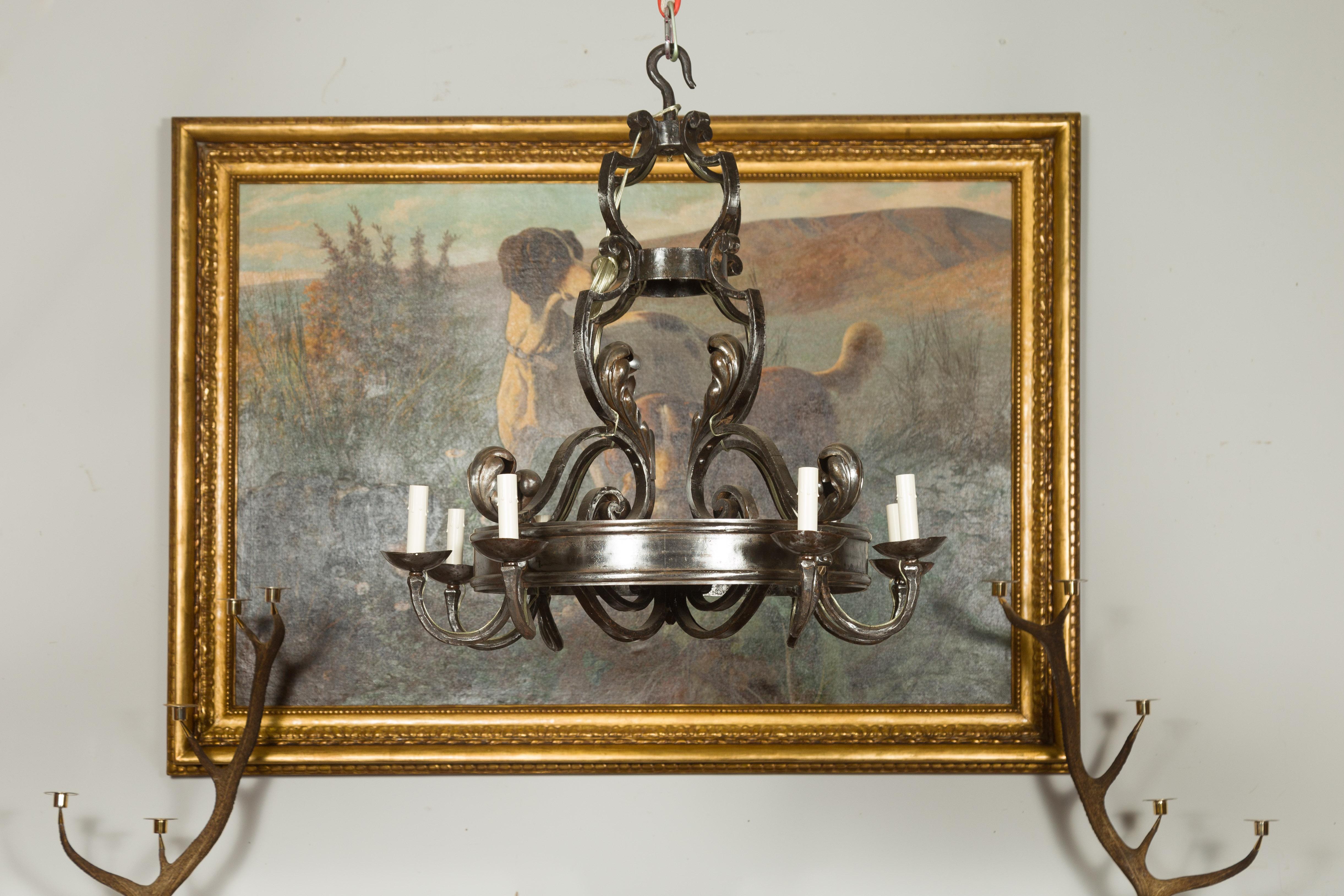 Midcentury French Polished Steel Eight Light Acanthus Leaves Ring Chandelier For Sale 6