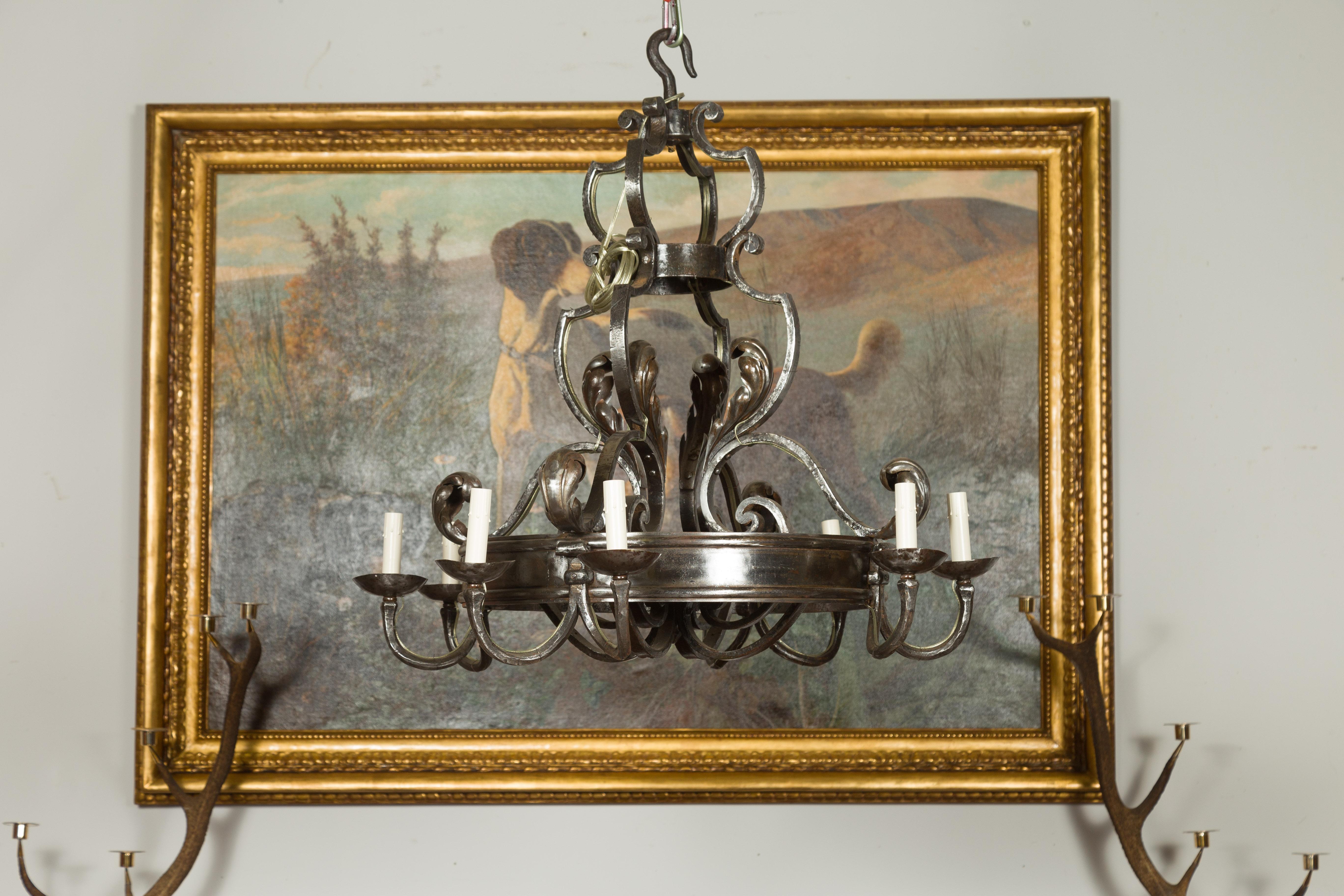 Midcentury French Polished Steel Eight Light Acanthus Leaves Ring Chandelier For Sale 7