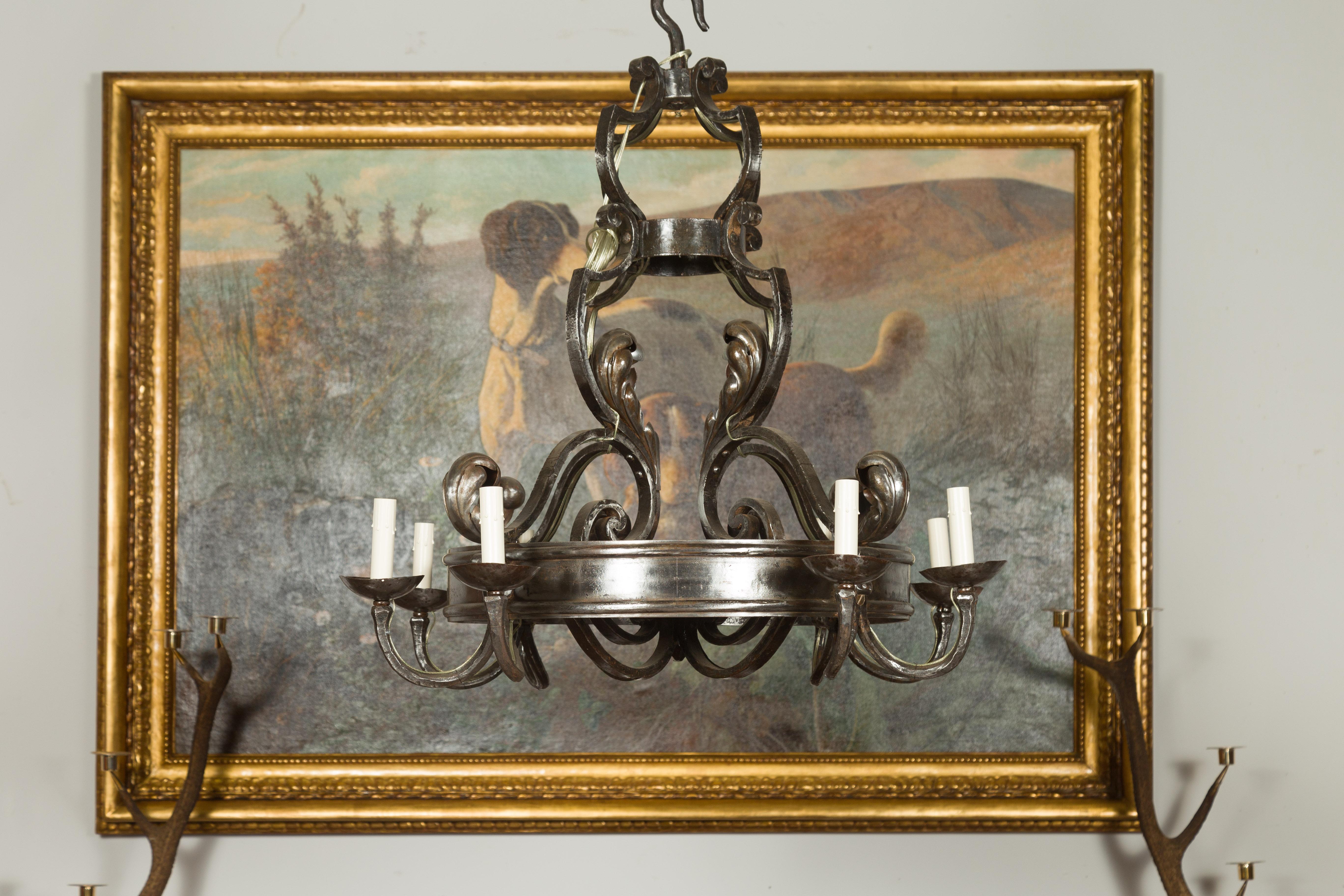 Midcentury French Polished Steel Eight Light Acanthus Leaves Ring Chandelier For Sale 8