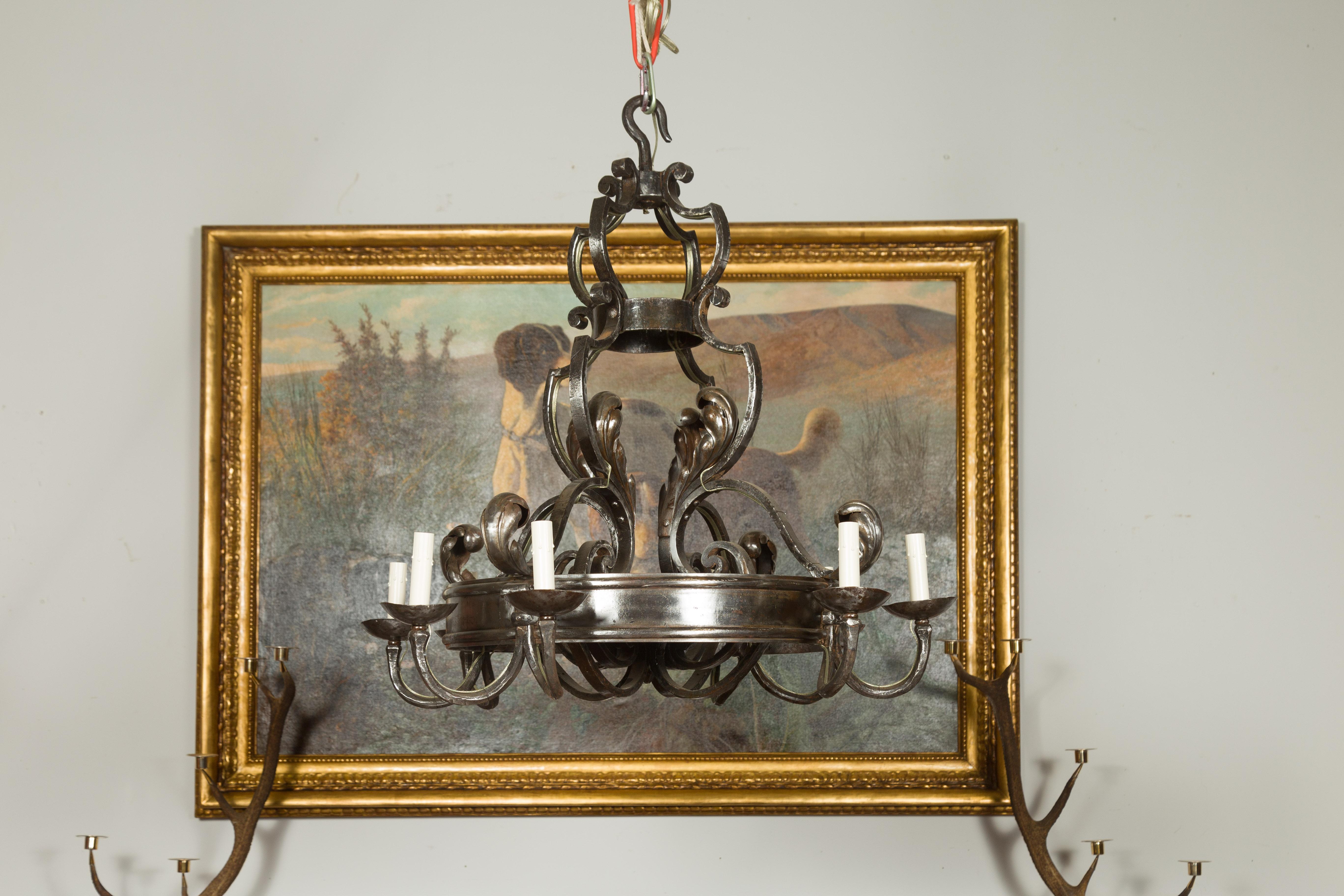 Midcentury French Polished Steel Eight Light Acanthus Leaves Ring Chandelier For Sale 11