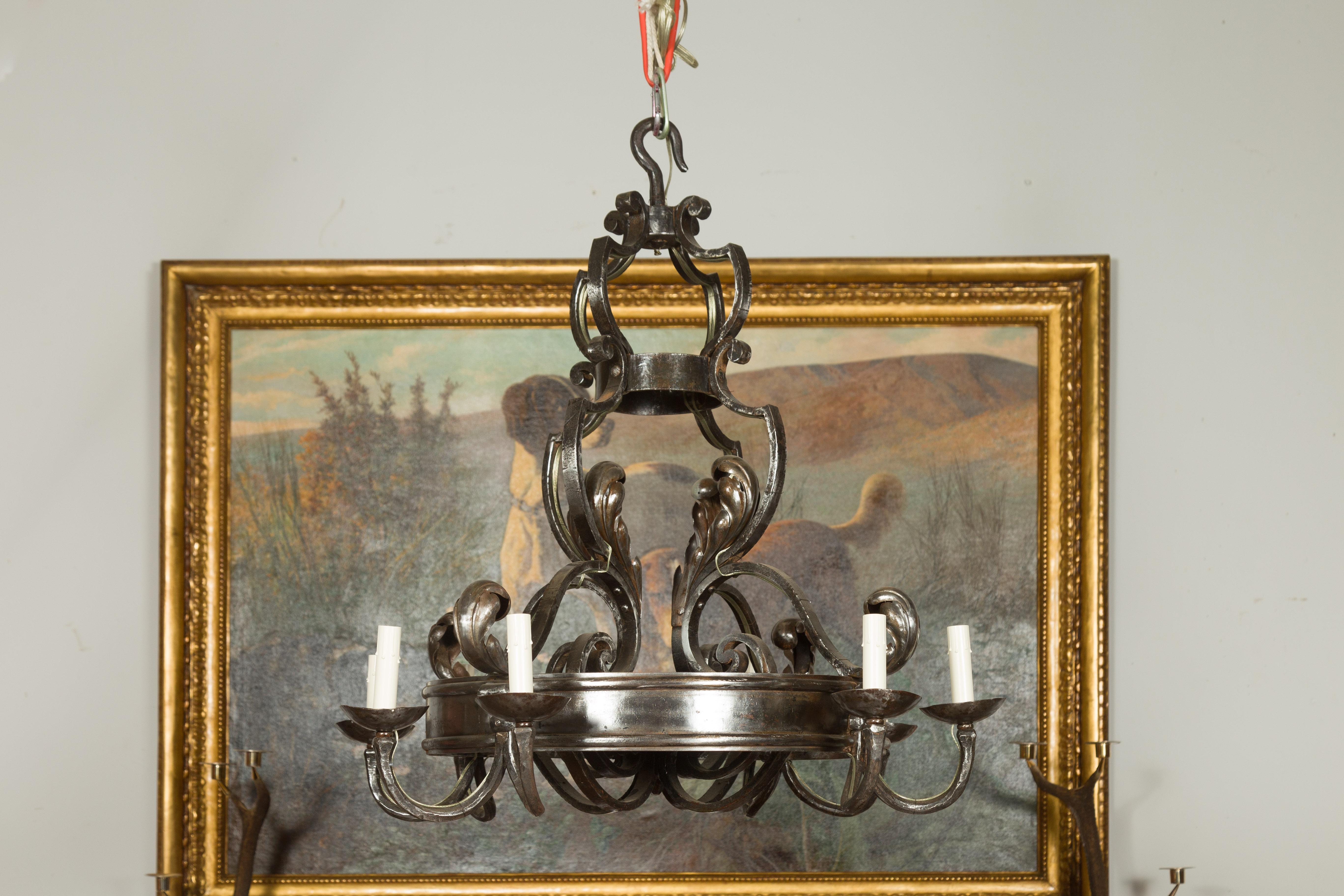 Midcentury French Polished Steel Eight Light Acanthus Leaves Ring Chandelier For Sale 12