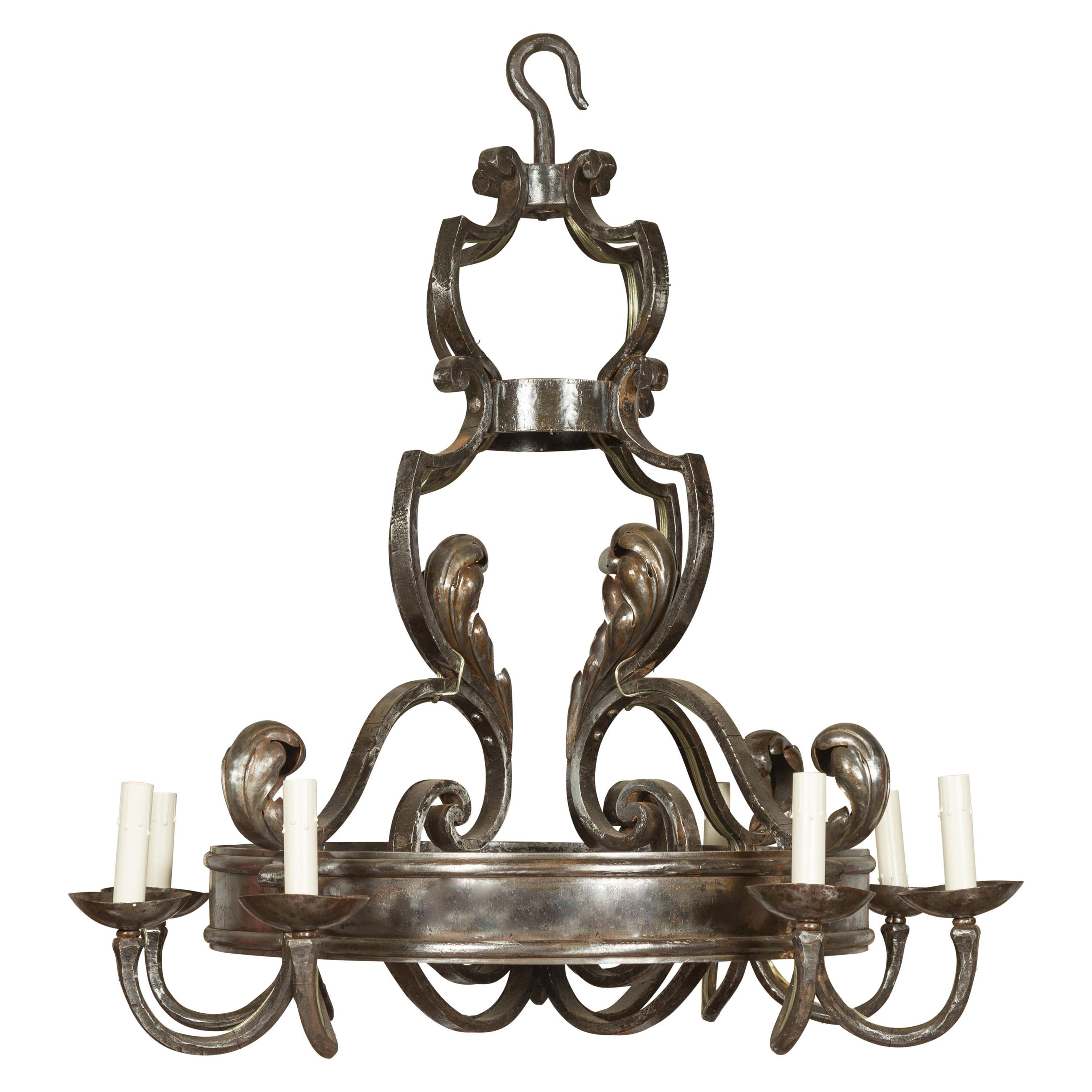 Midcentury French Polished Steel Eight Light Acanthus Leaves Ring Chandelier For Sale