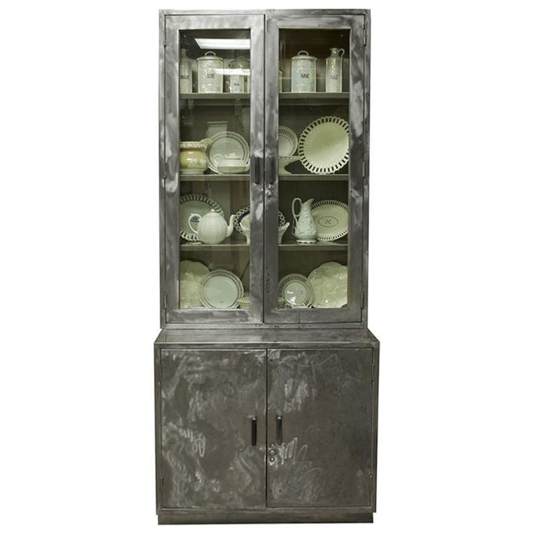 Tall Midcentury French Industrial Polished Steel and Glass Cabinet