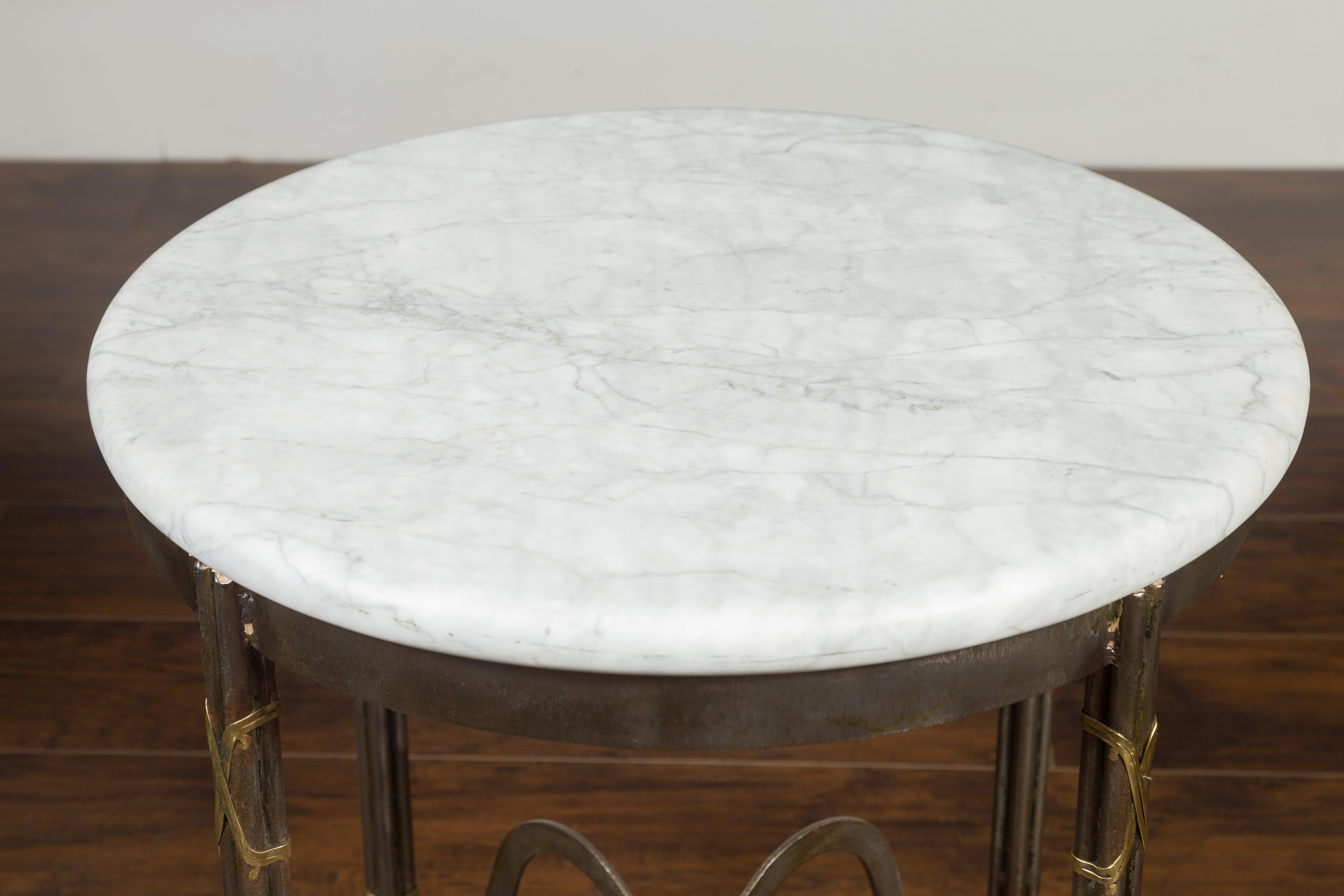 Midcentury French Polished Steel Side Table with Round White Marble Top For Sale 3