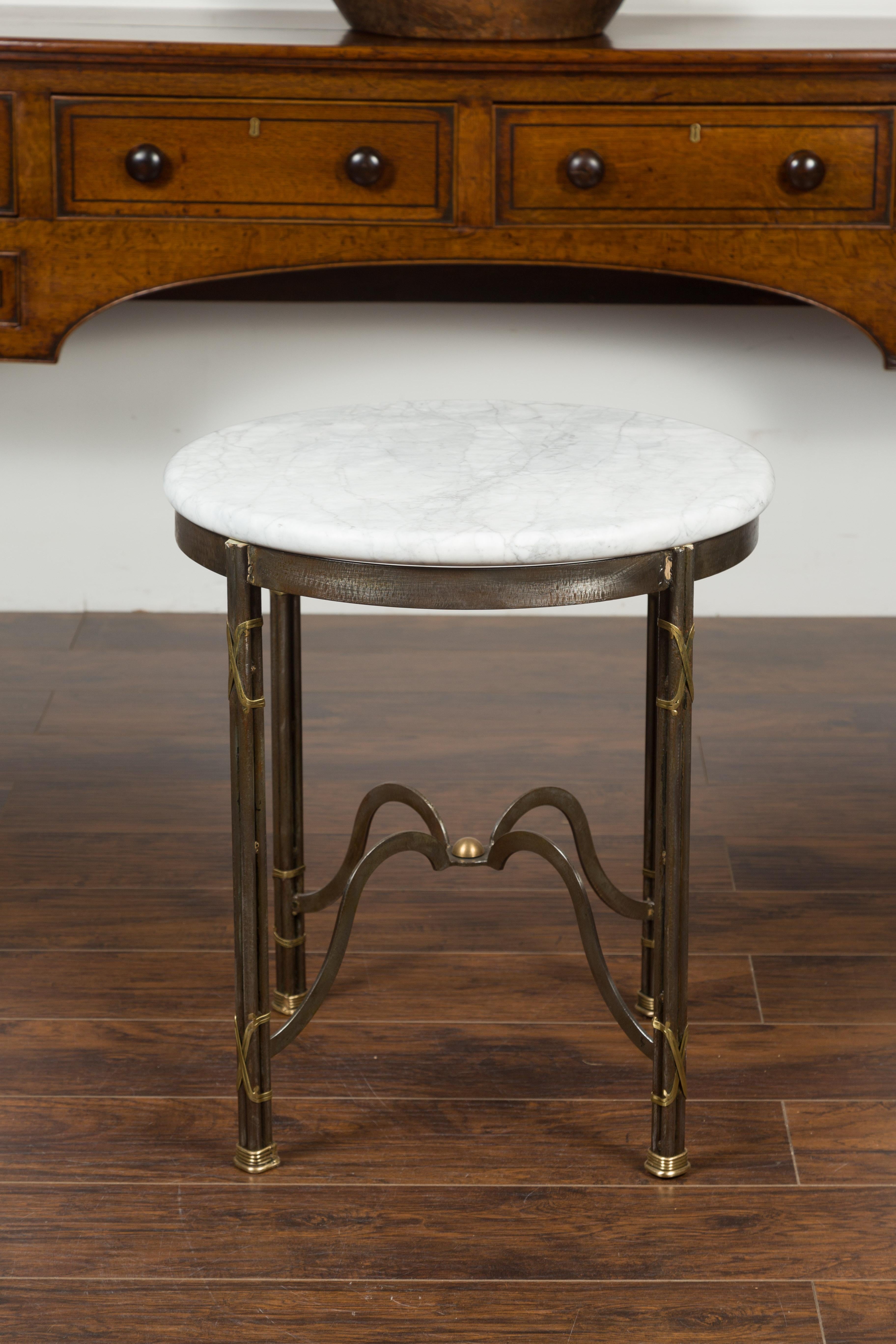 Midcentury French Polished Steel Side Table with Round White Marble Top For Sale 5