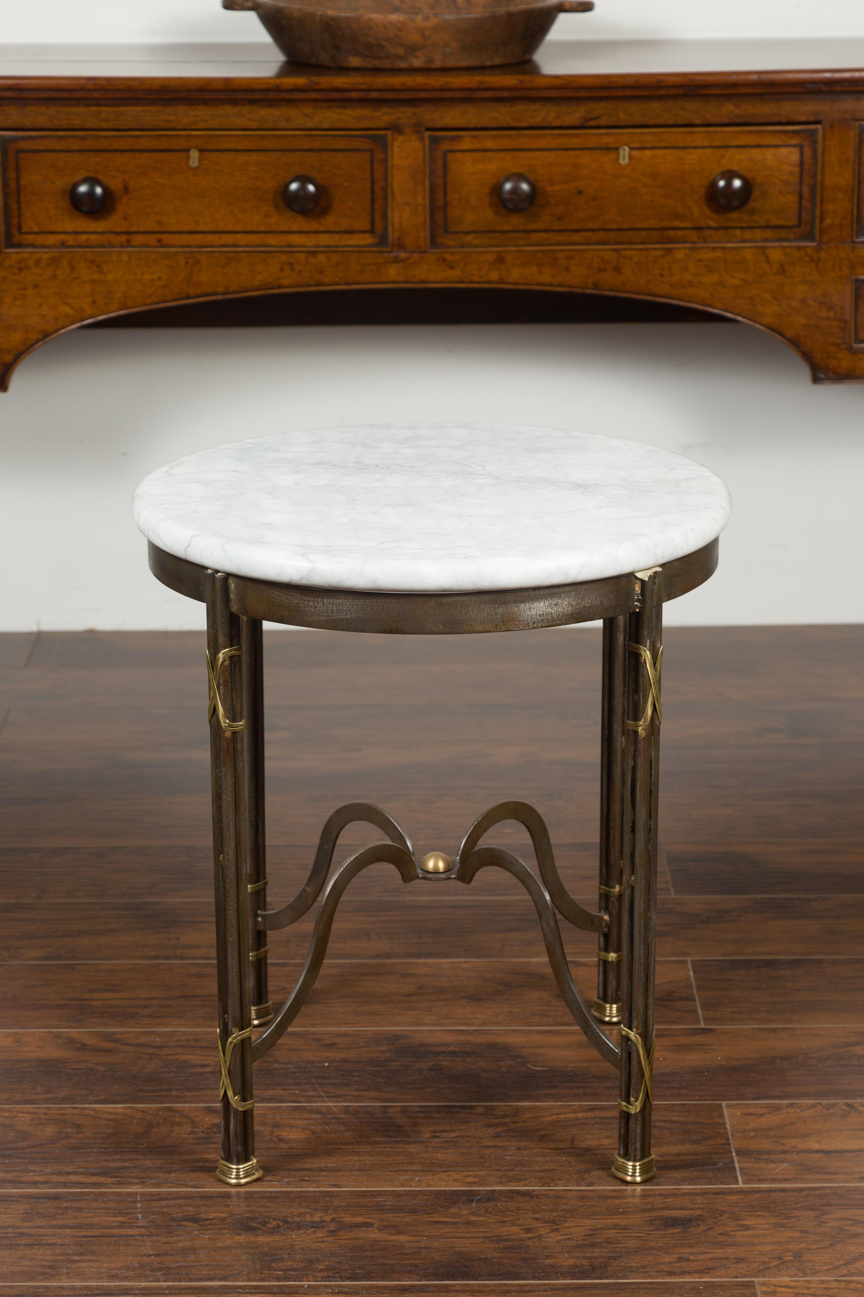 Midcentury French Polished Steel Side Table with Round White Marble Top For Sale 6