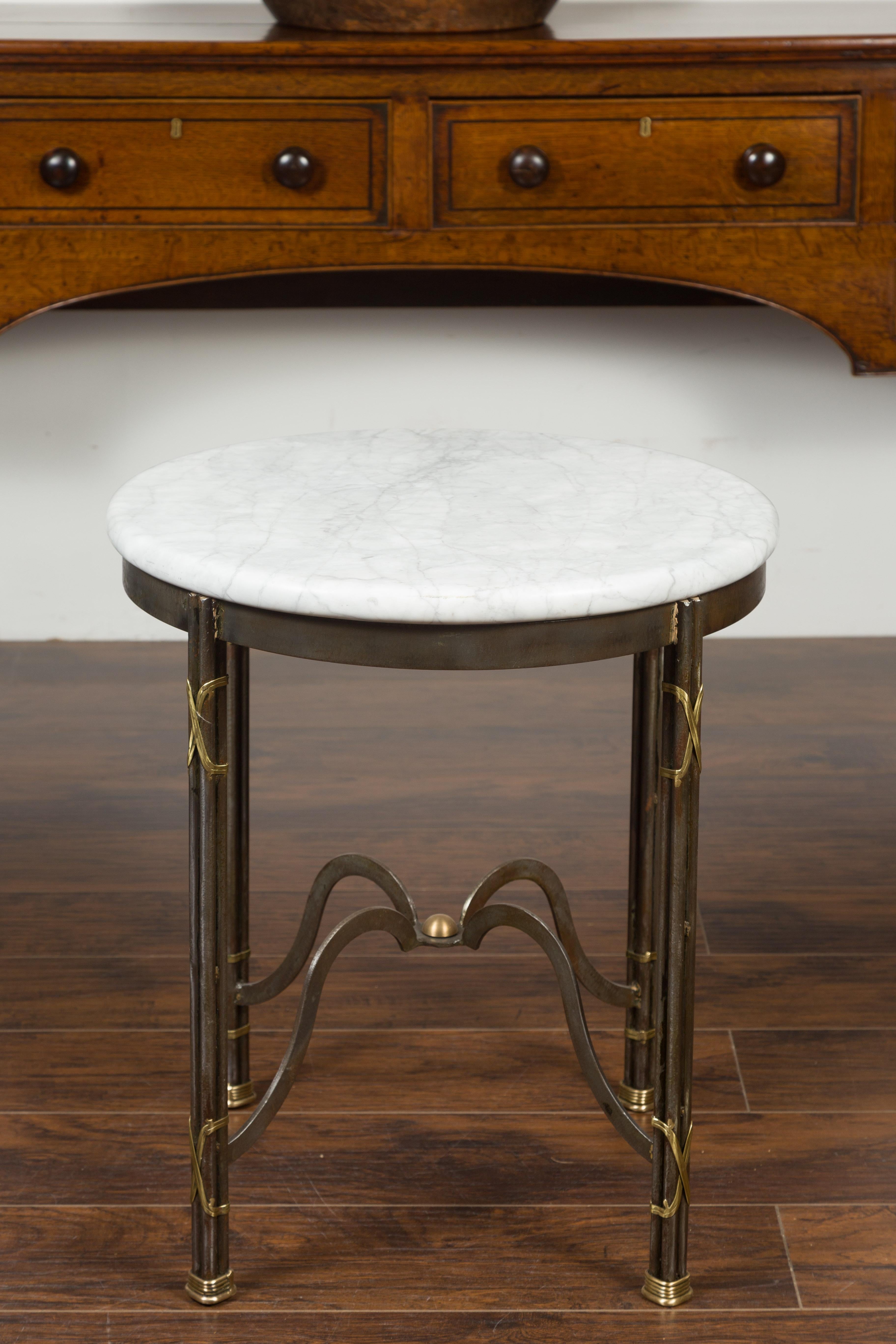 Midcentury French Polished Steel Side Table with Round White Marble Top For Sale 7