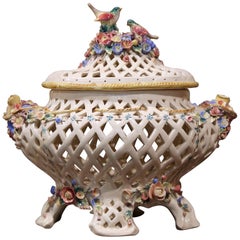 Vintage Midcentury French Porcelain Center Piece Tureen with Bird and Floral Decor