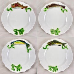 Midcentury French Provençal Hand Potted Paulette Quinson Fish Plates, Set of 4