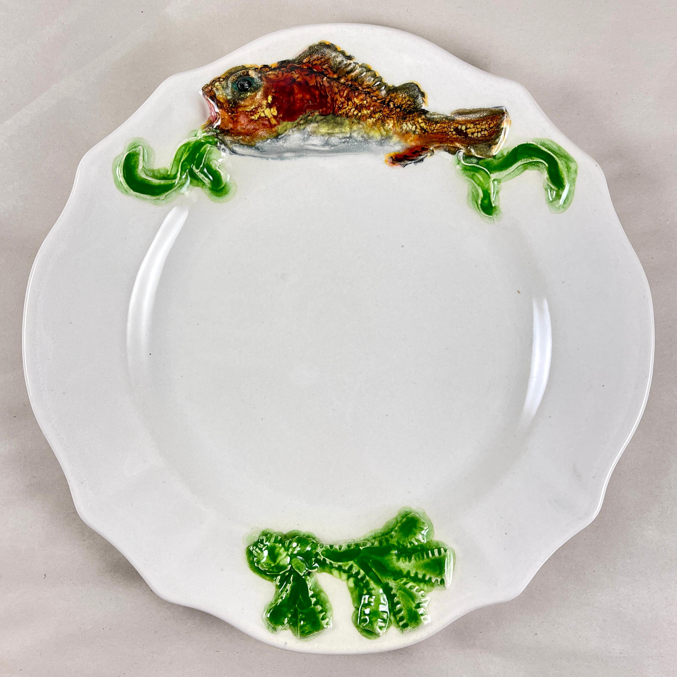 Earthenware Midcentury French Provençal Hand Potted Paulette Quinson Fish Plates, Set of 4 For Sale