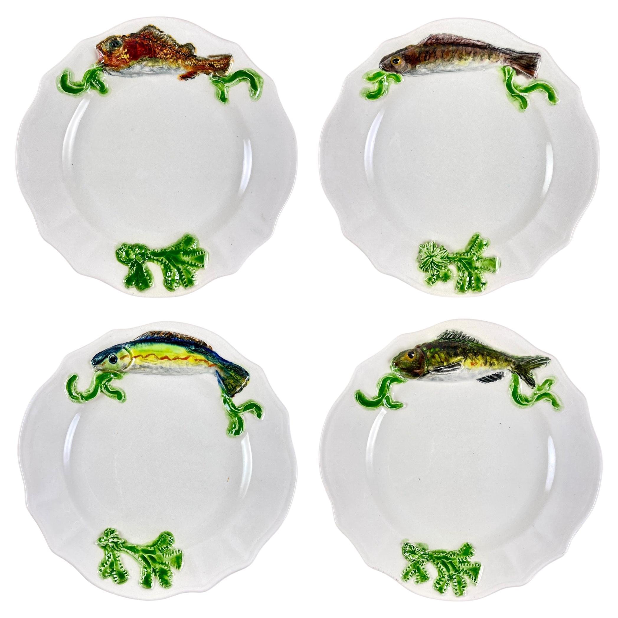 Midcentury French Provençal Hand Potted Paulette Quinson Fish Plates, Set of 4 For Sale