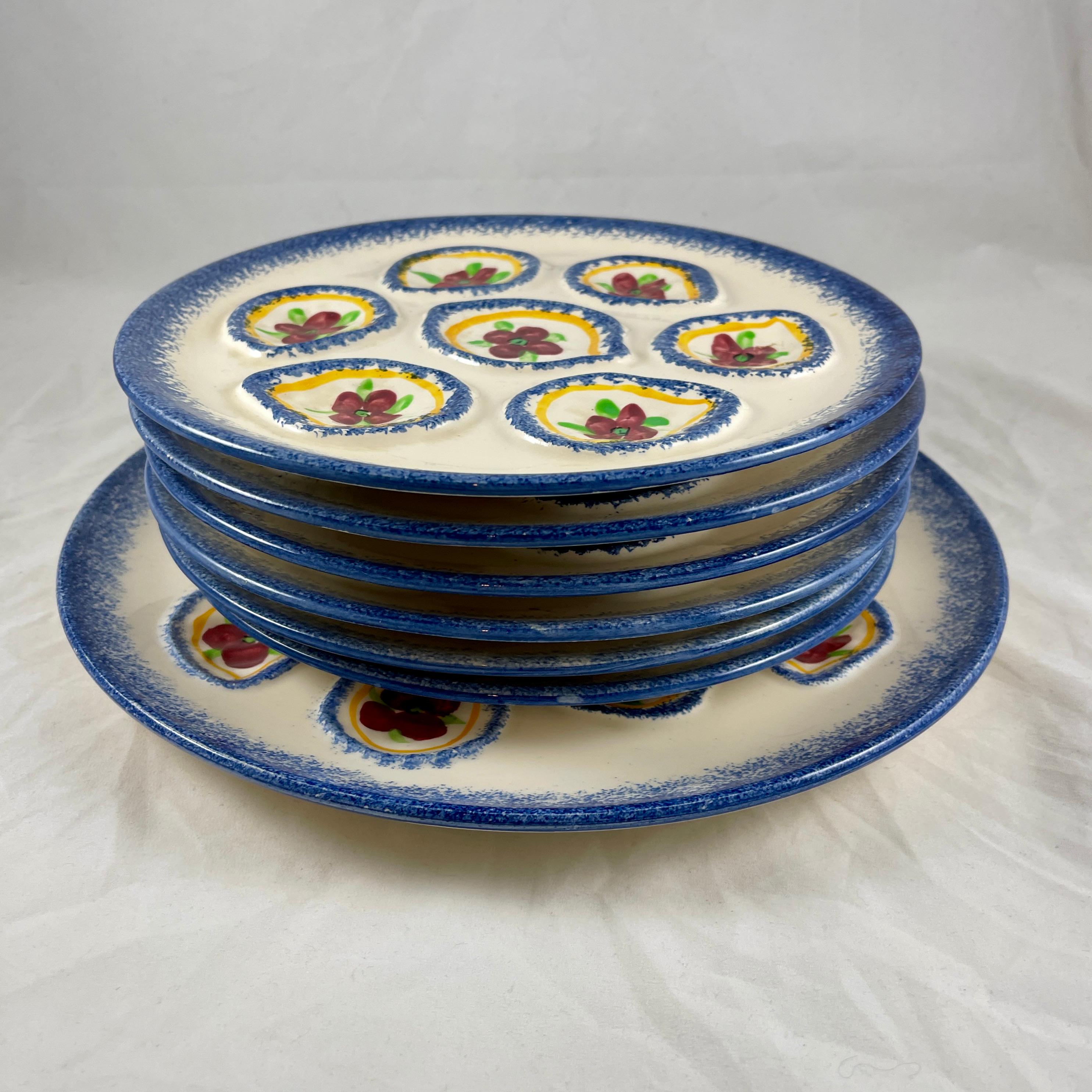 Glazed 1960s French Provençal Saint-Pol-de-Léon Floral Seven-Piece Oyster Service For Sale