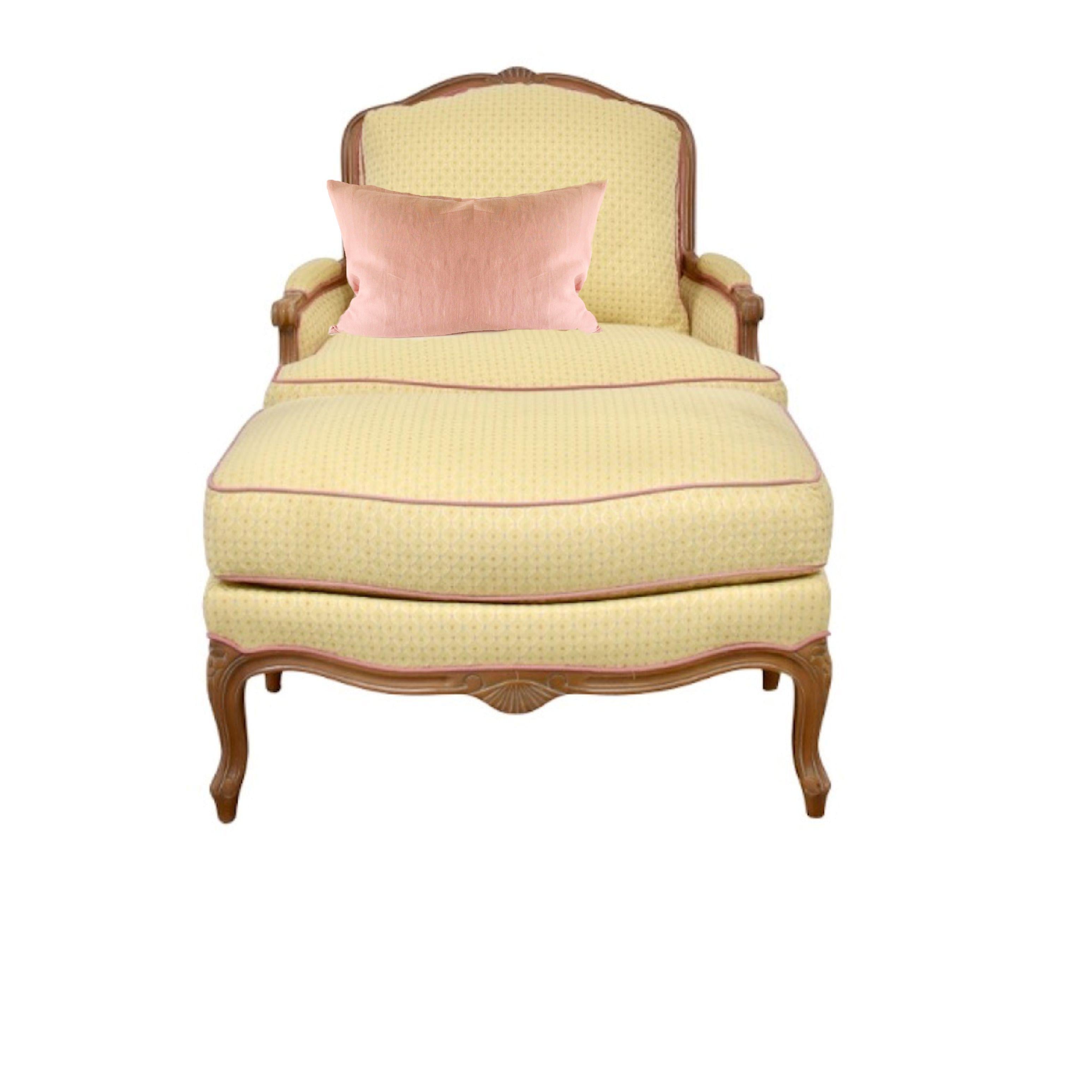 Midcentury French Provincial Ashley manor printemps armchair lounge and ottoman. Antique pink velvet lumbar pillow is for display only and not included in this listing. 

Dimensions:
Ottoman 18.5