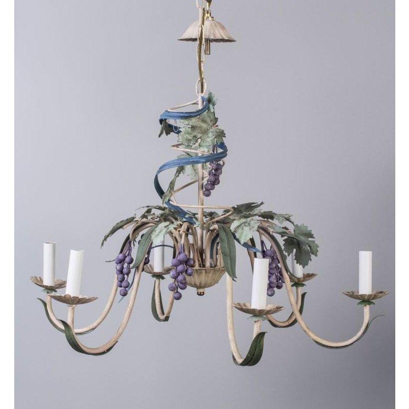 French Provincial Polychrome Figural Toleware Floral Chandelier Light Fixture In Fair Condition In Brooklyn, NY
