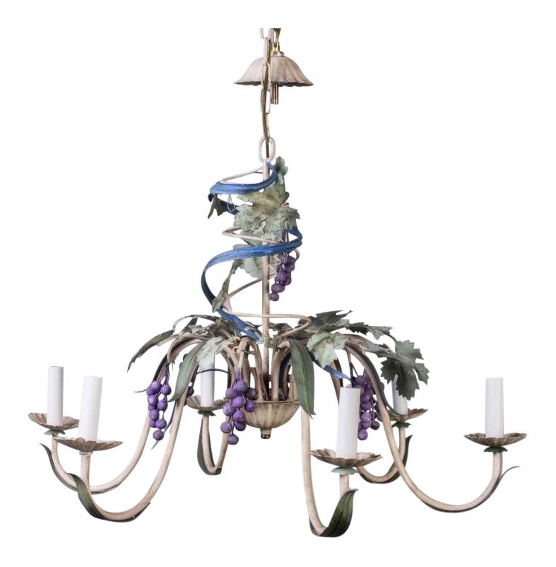 French Provincial Polychrome Figural Toleware Floral Chandelier Light Fixture