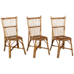 Midcentury French Rattan Dining Chairs, Set of Three