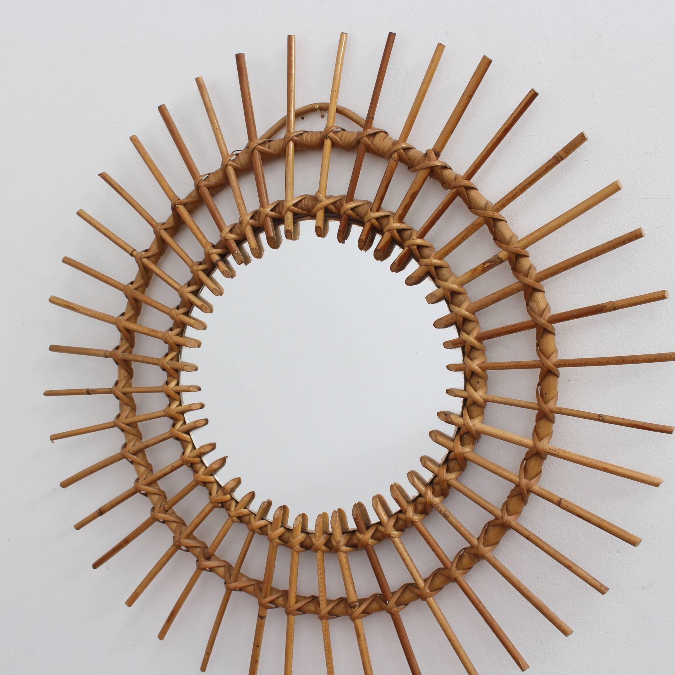 Midcentury French Rattan Sunburst Mirror, circa 1960s In Good Condition In London, GB