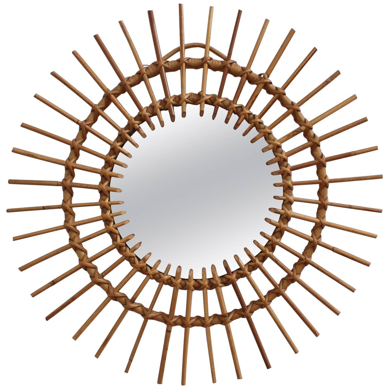 Midcentury French Rattan Sunburst Mirror, circa 1960s