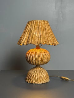Midcentury French rattan wicker mushroom table lamp, 1960s