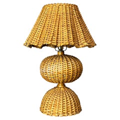 Midcentury French rattan wicker mushroom table lamp, 1960s