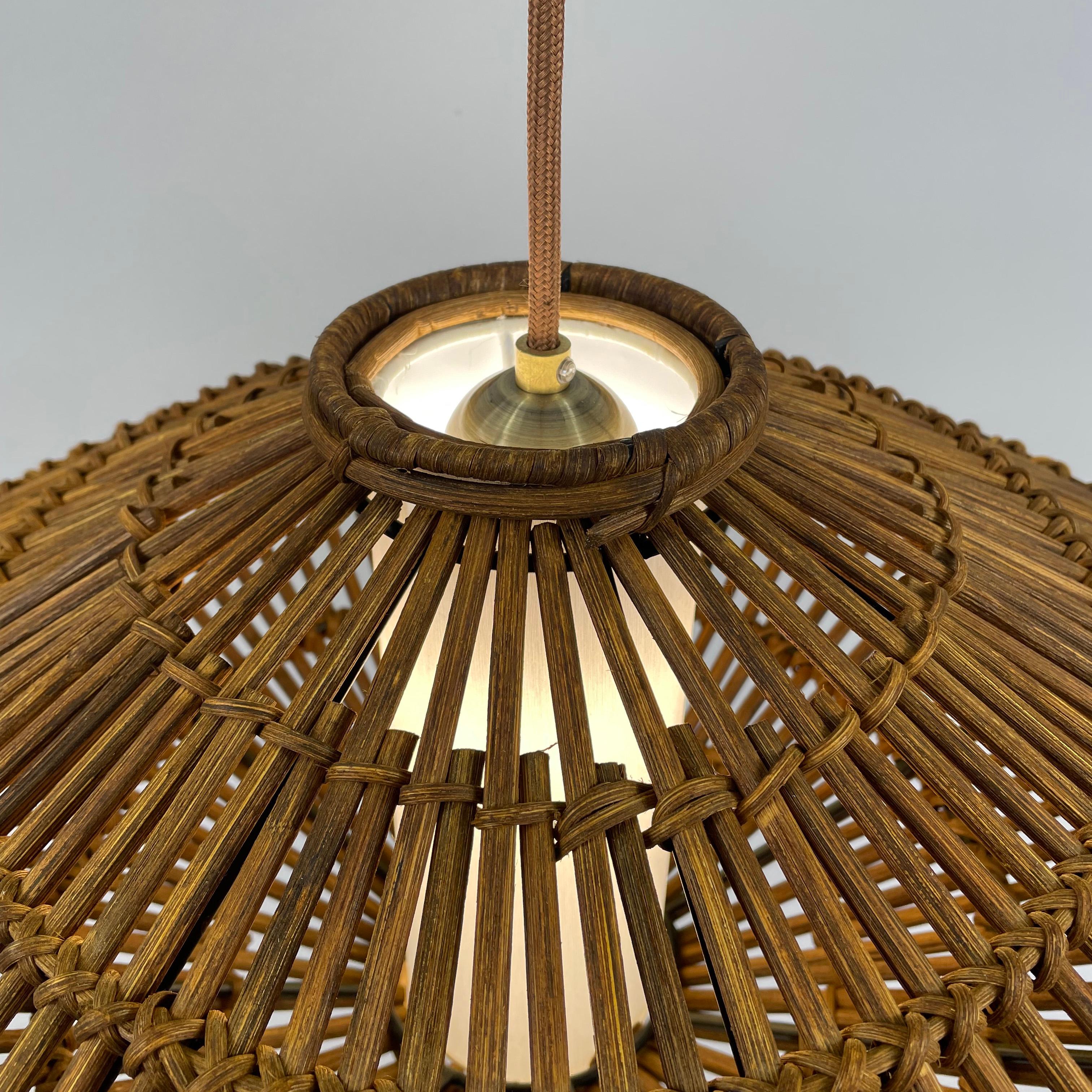 Fabric Midcentury French Rattan Wicker Pendant, 1960s For Sale