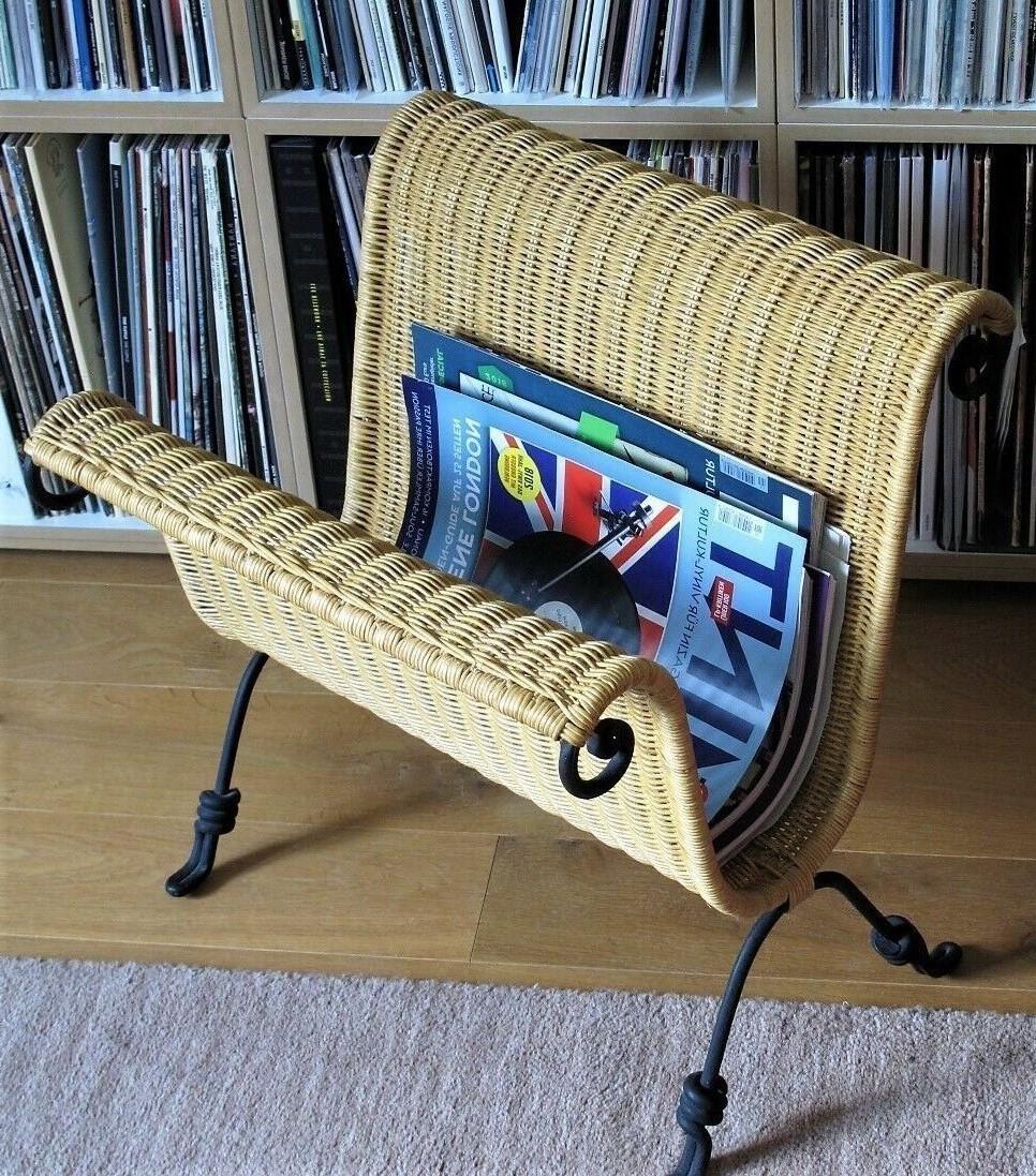 Art Deco Midcentury French Wicker and Wrought Iron Magazine Stand, 1950s For Sale