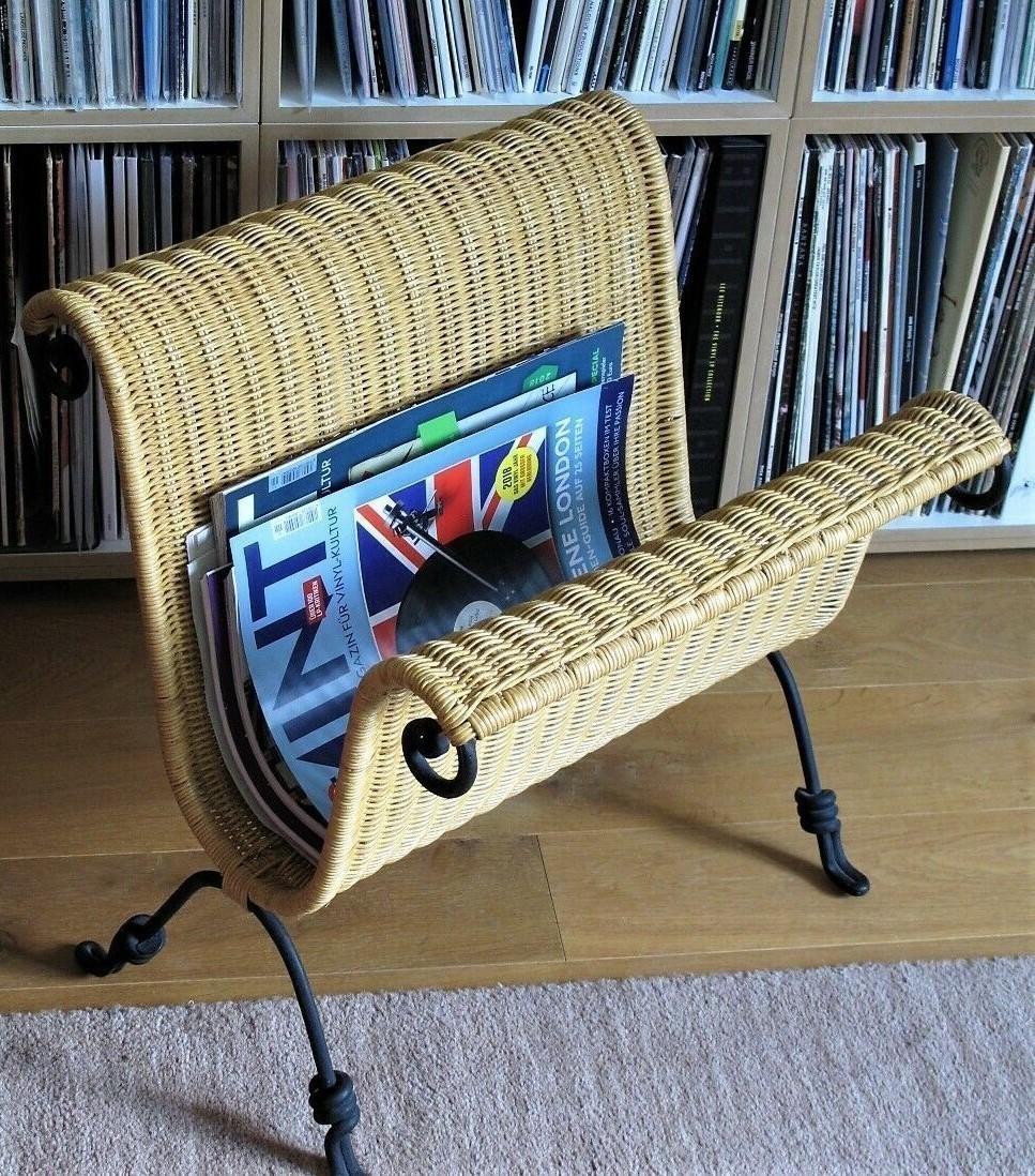 Hand-Crafted Midcentury French Wicker and Wrought Iron Magazine Stand, 1950s For Sale