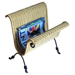 Midcentury French Wicker and Wrought Iron Magazine Stand, 1950s